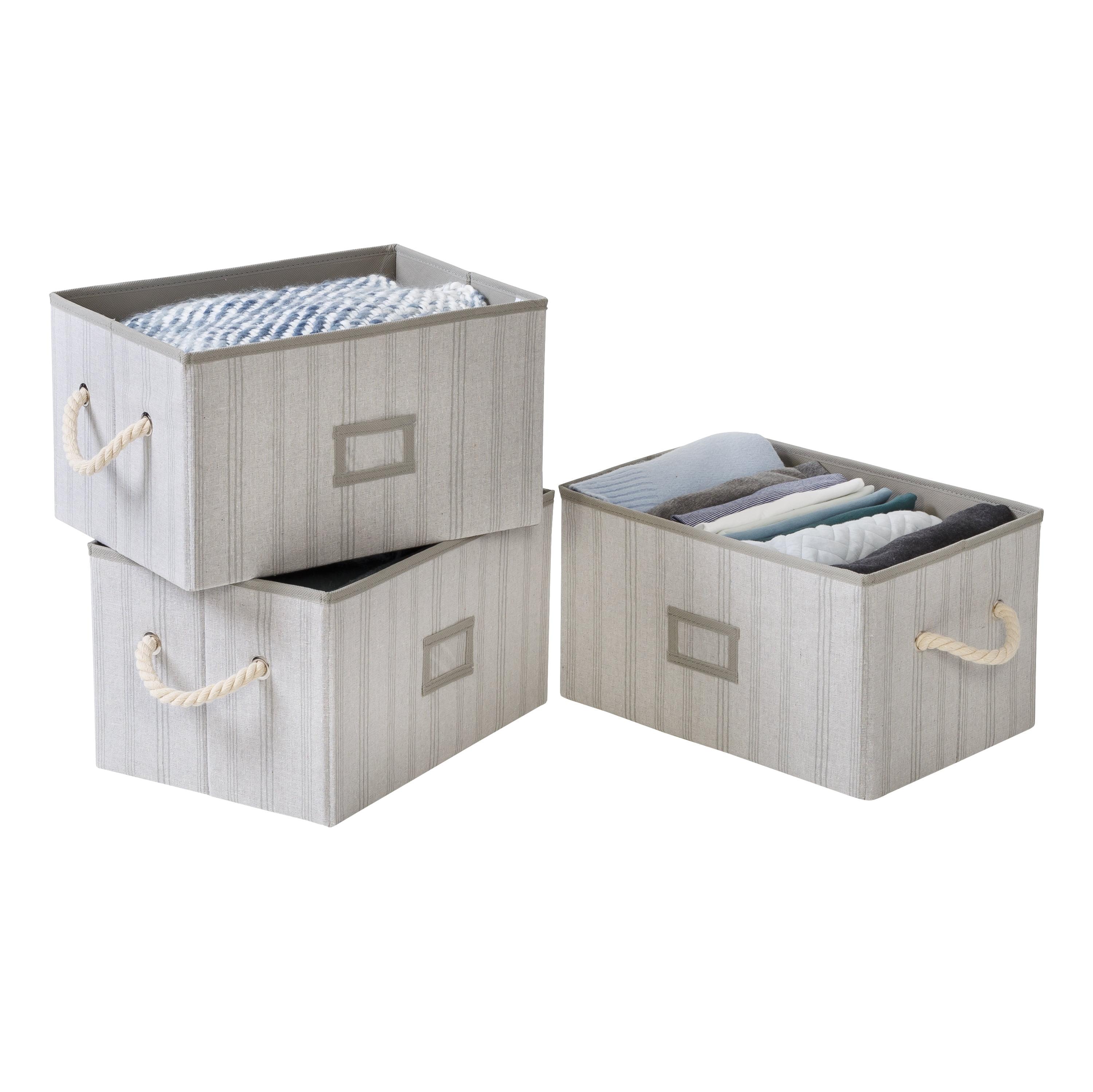 Honey-Can-Do Set of 3 Folding Large Fabric Storage Bins with Handles, Gray Stripes
