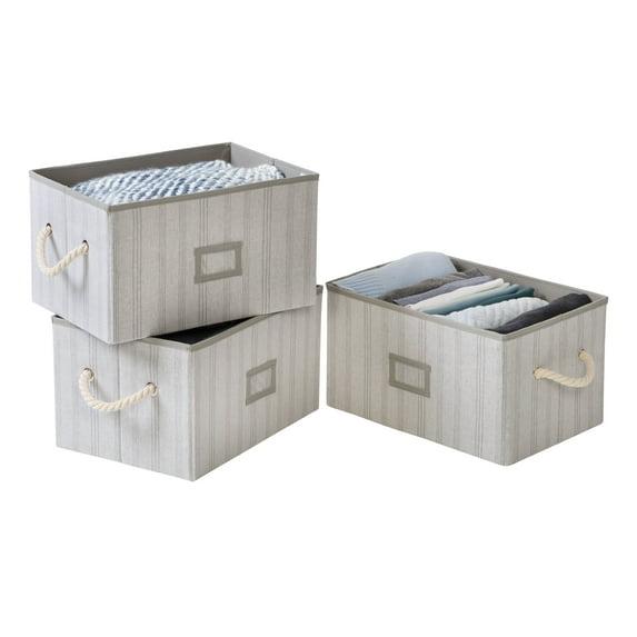 Honey-Can-Do Set of 3 Folding Large Fabric Storage Bins with Handles, Gray Stripes
