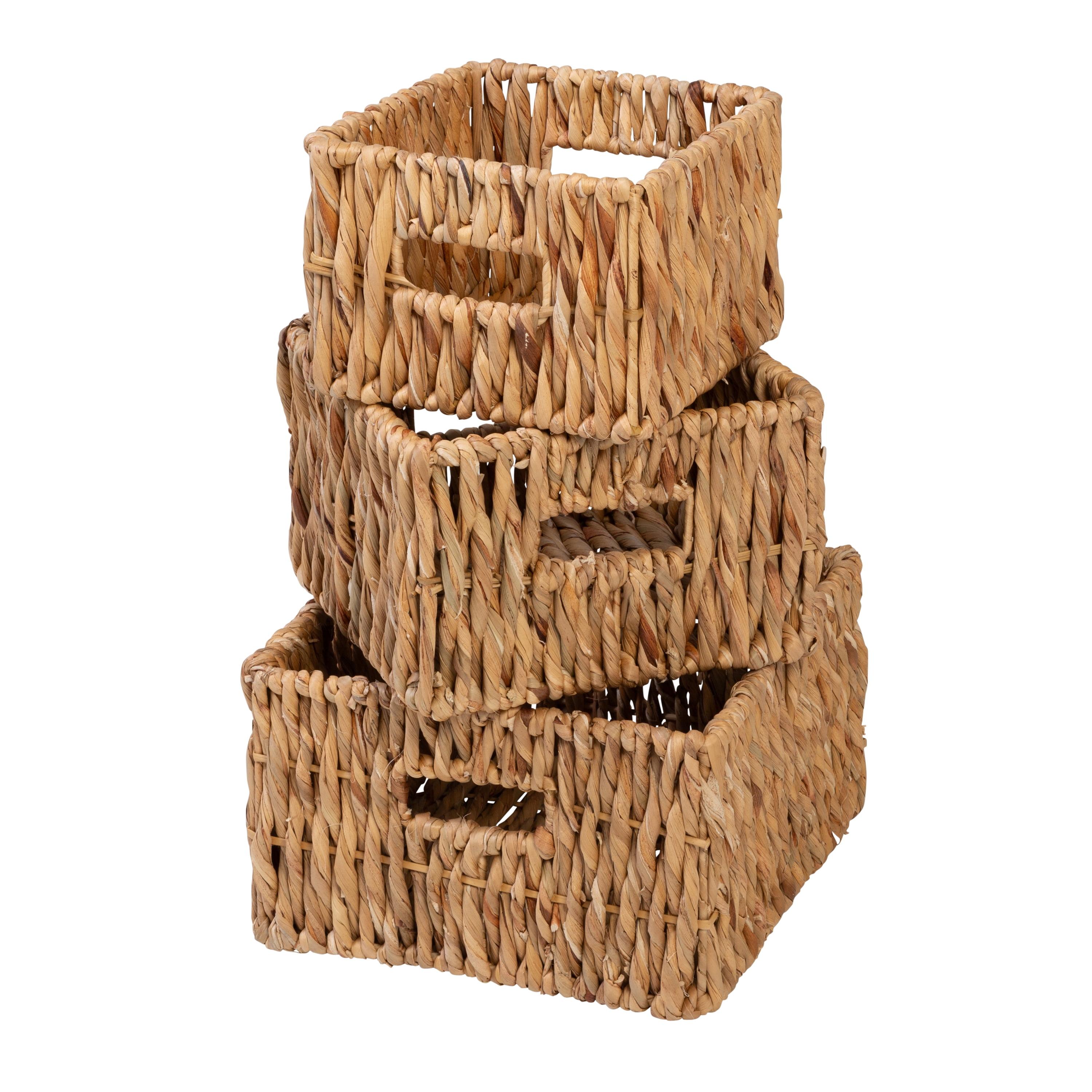 Set of 3 Natural Wicker Square Storage Baskets with Handles