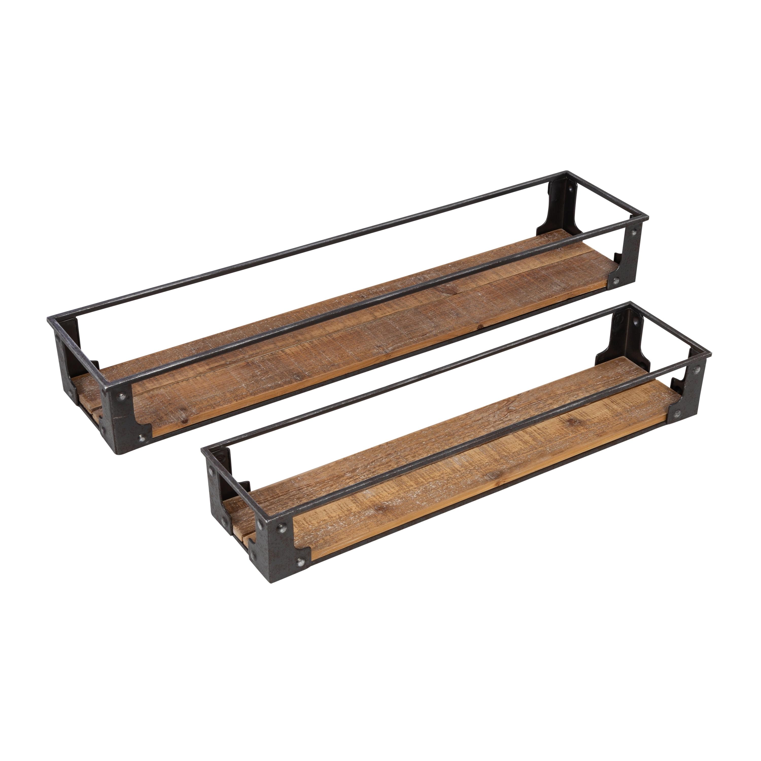 Set of 2 Black Steel and Wood Floating Wall Shelves