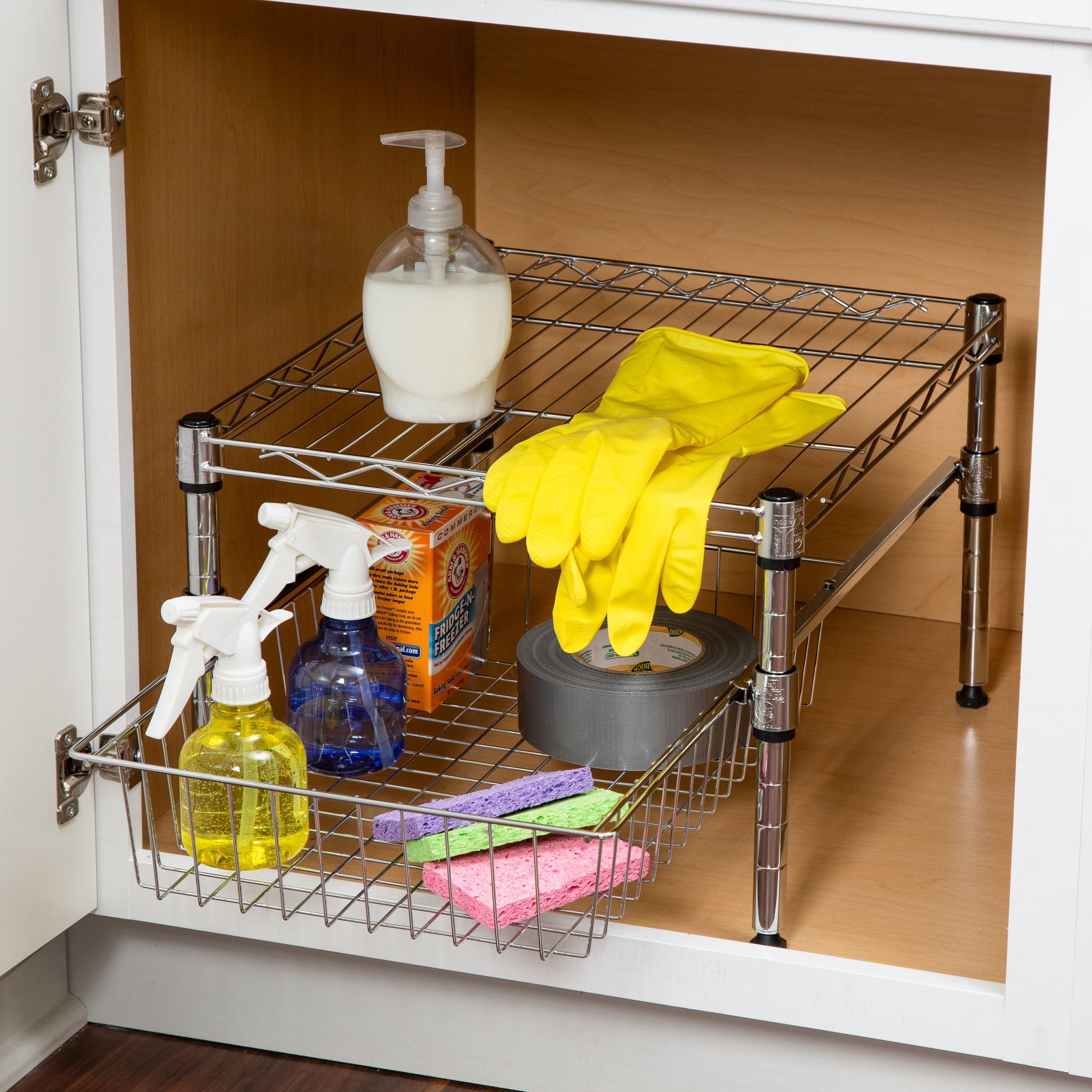 Expandable Chrome Stacking Cabinet Organizer with Pull-Out Basket