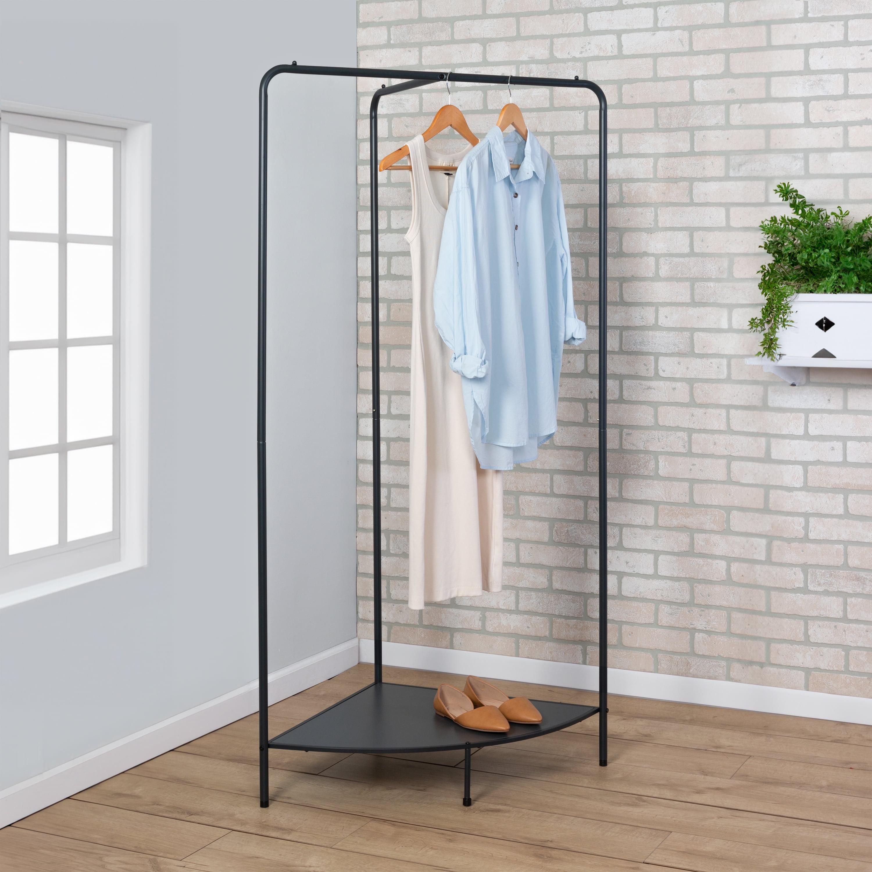 Black Steel Freestanding Corner Clothing Rack with Dark Gray Wood Shelf