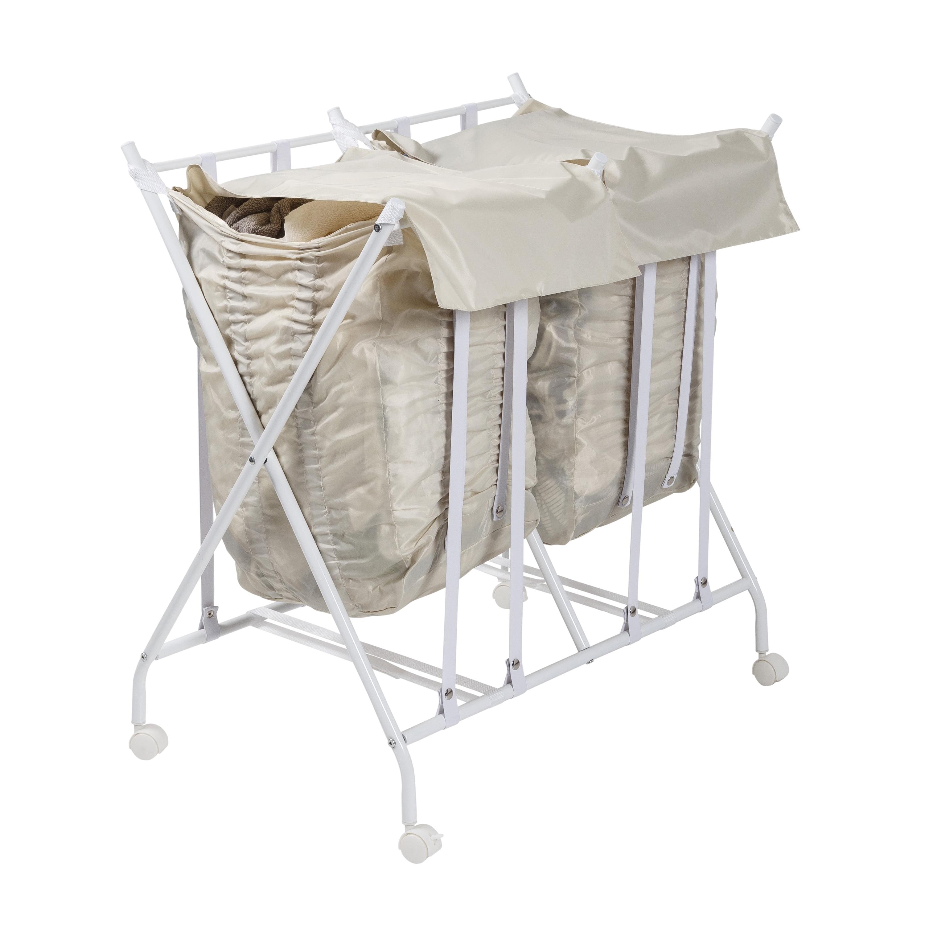 Honey-Can-Do Steel Folding 2-Compartment No Bend Rolling Laundry Hamper, White/Natural