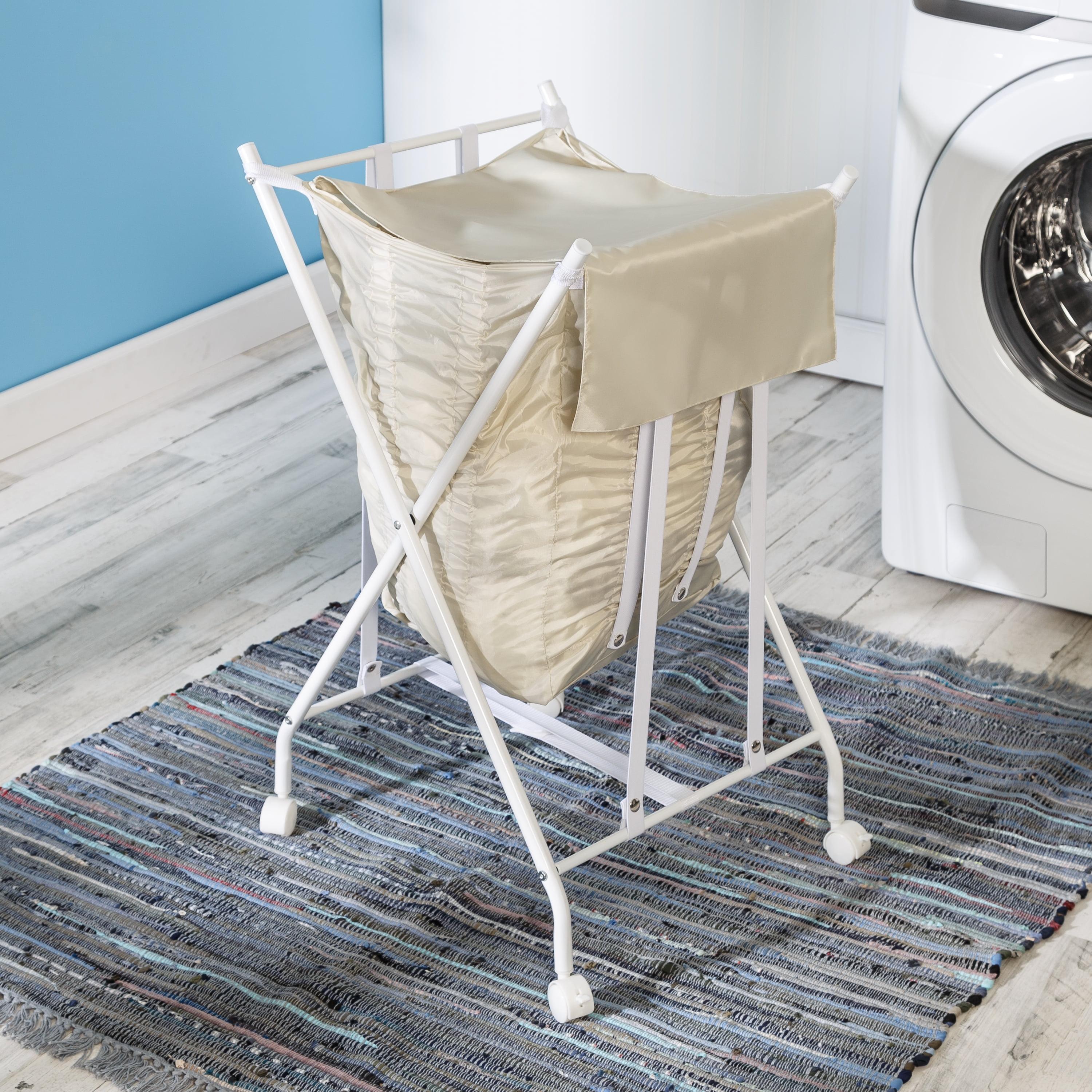 Beige Collapsible Steel Frame Hamper with Wheels and Lid