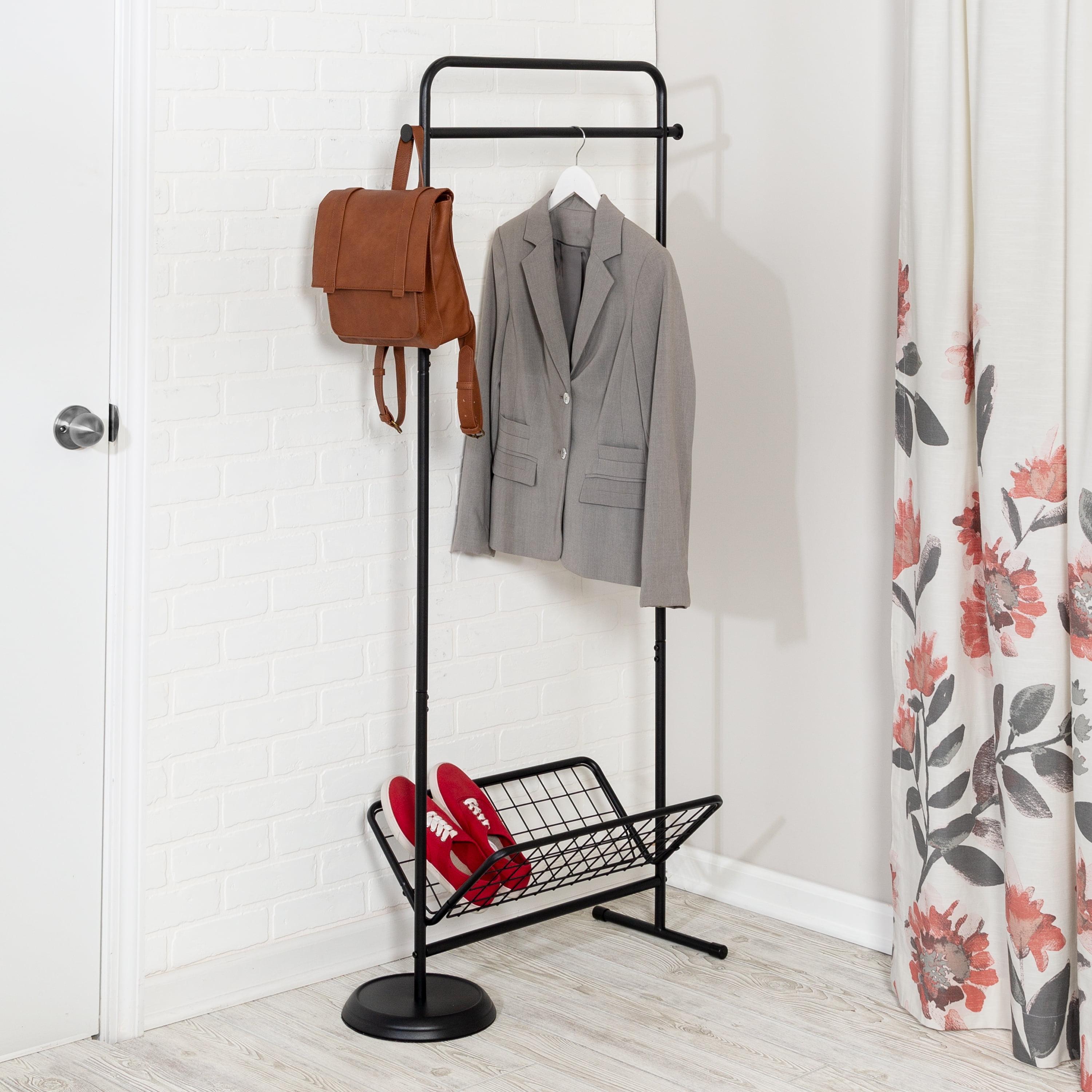 Black Steel Swivel Clothing Rack with Basket Shelf