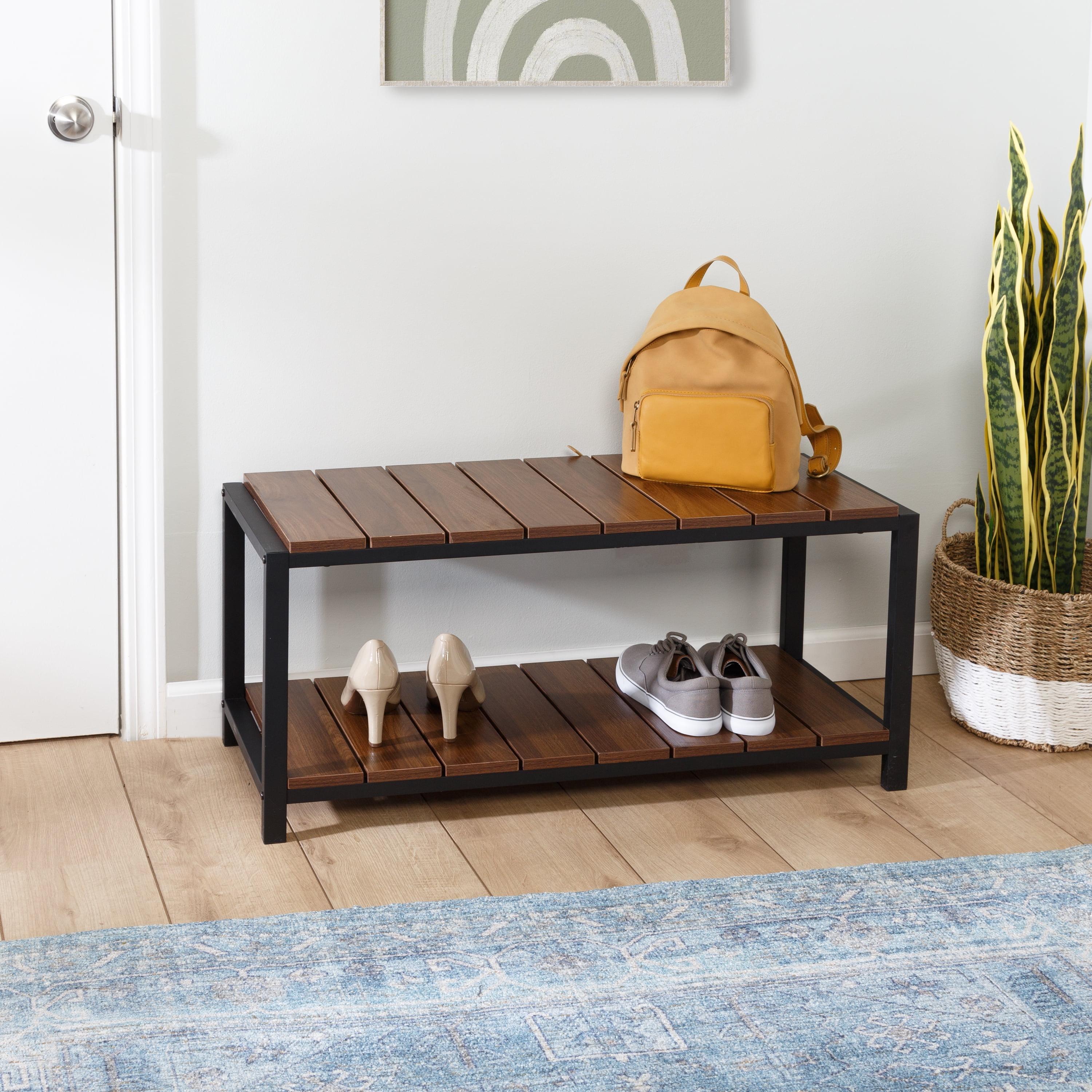 Walnut and Black 2-Tier Shoe Storage Bench with Seating