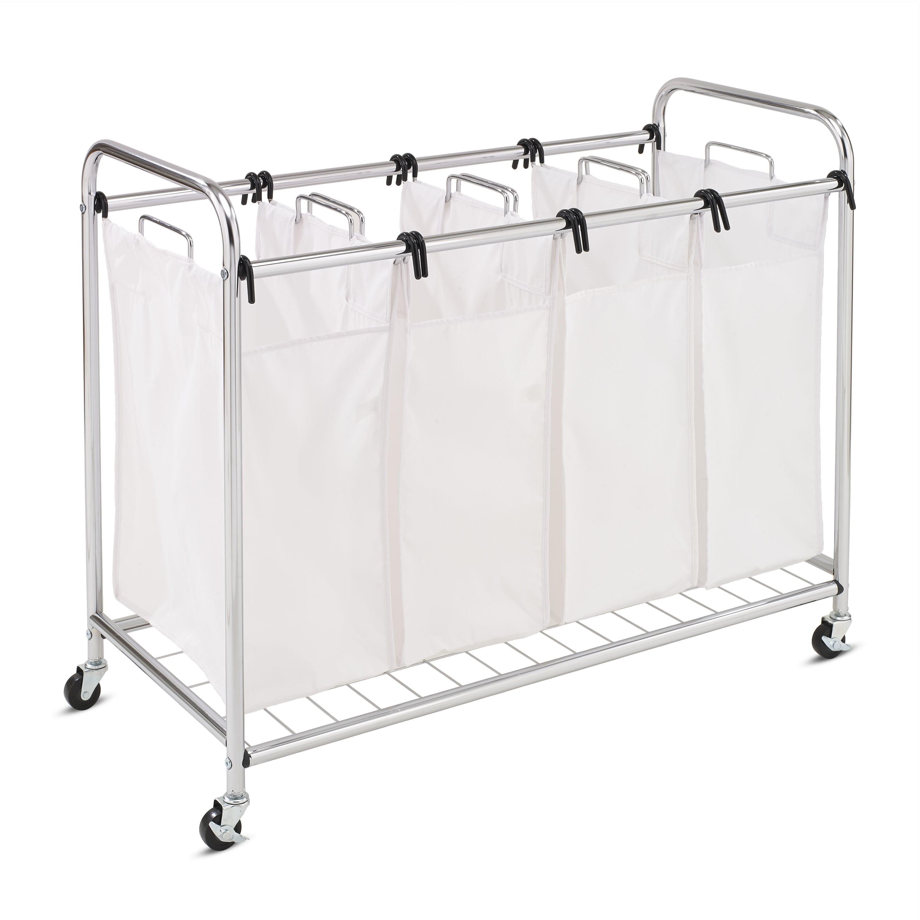 Chrome Quad Laundry Sorter with White Bags and Wheels