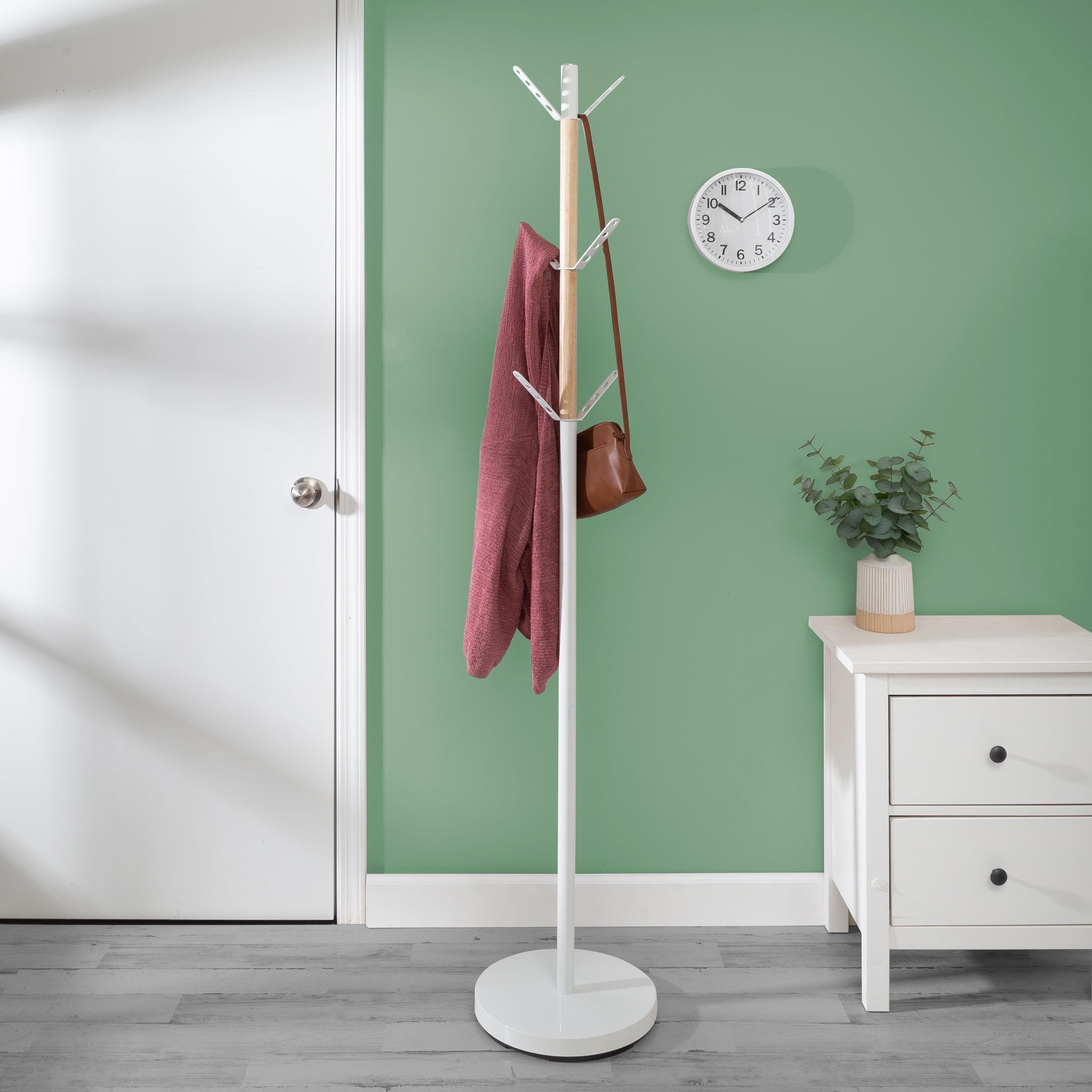 White and Natural Steel Wood Coat Rack with 6 Hooks