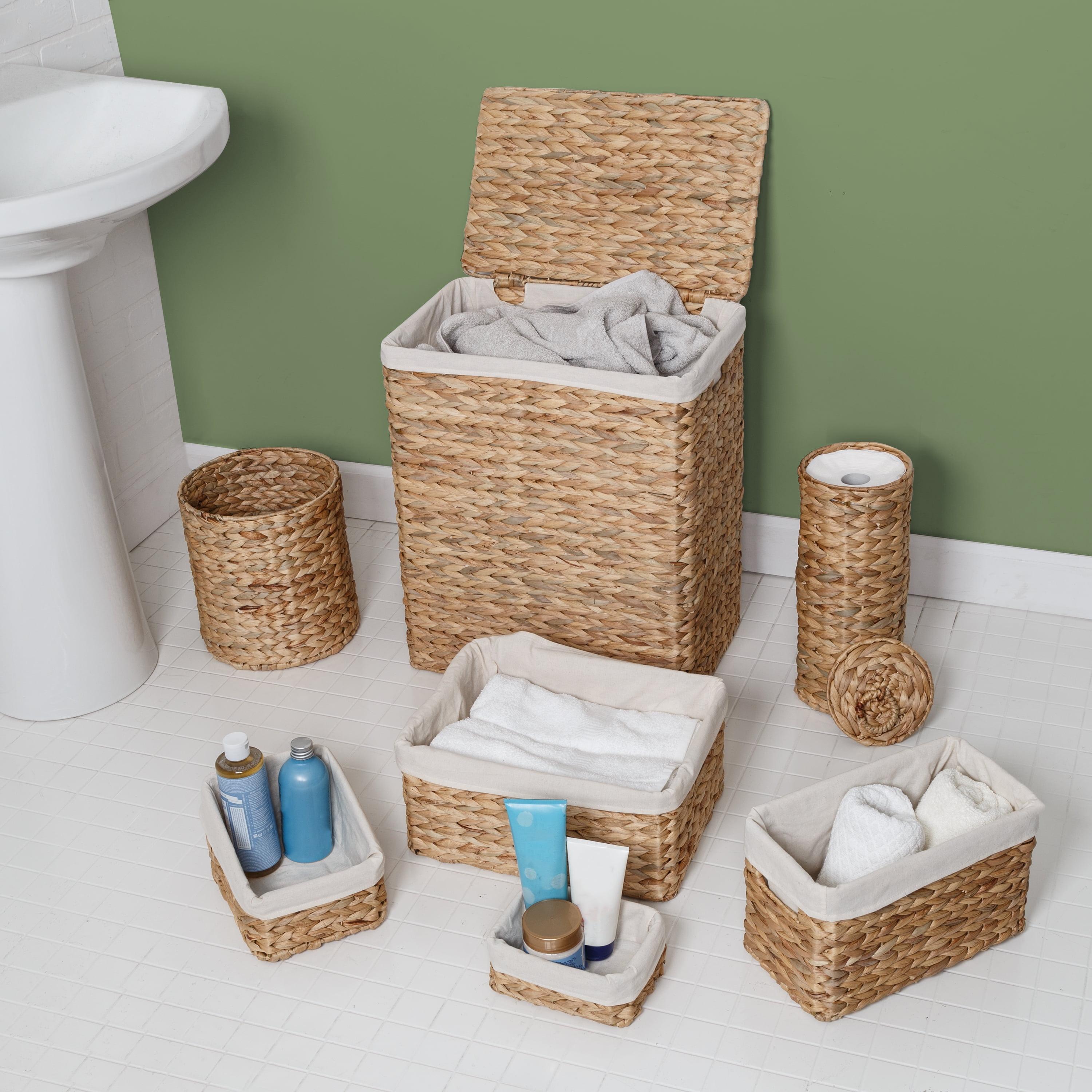 Natural Water Hyacinth Woven 7-Piece Bath Storage Set with White Liners