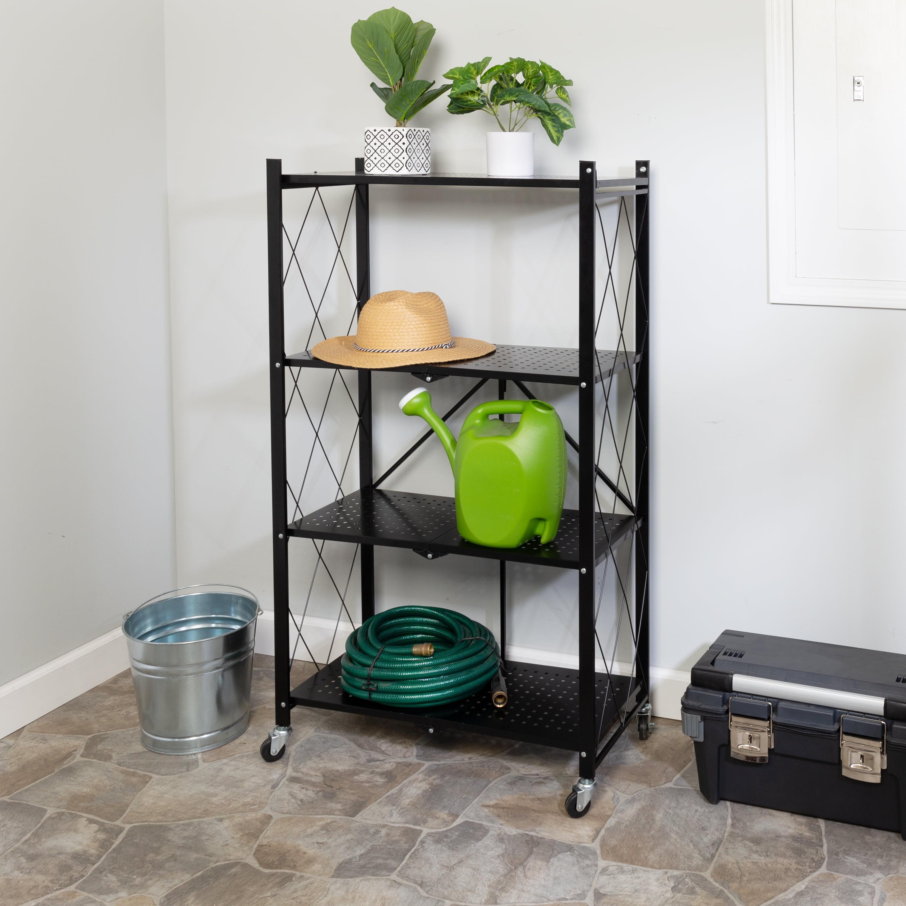 Honey-Can-Do Wheeled 4-Shelf Steel Folding Storage Shelves, Black, Holds up to 75 lb per Shelf