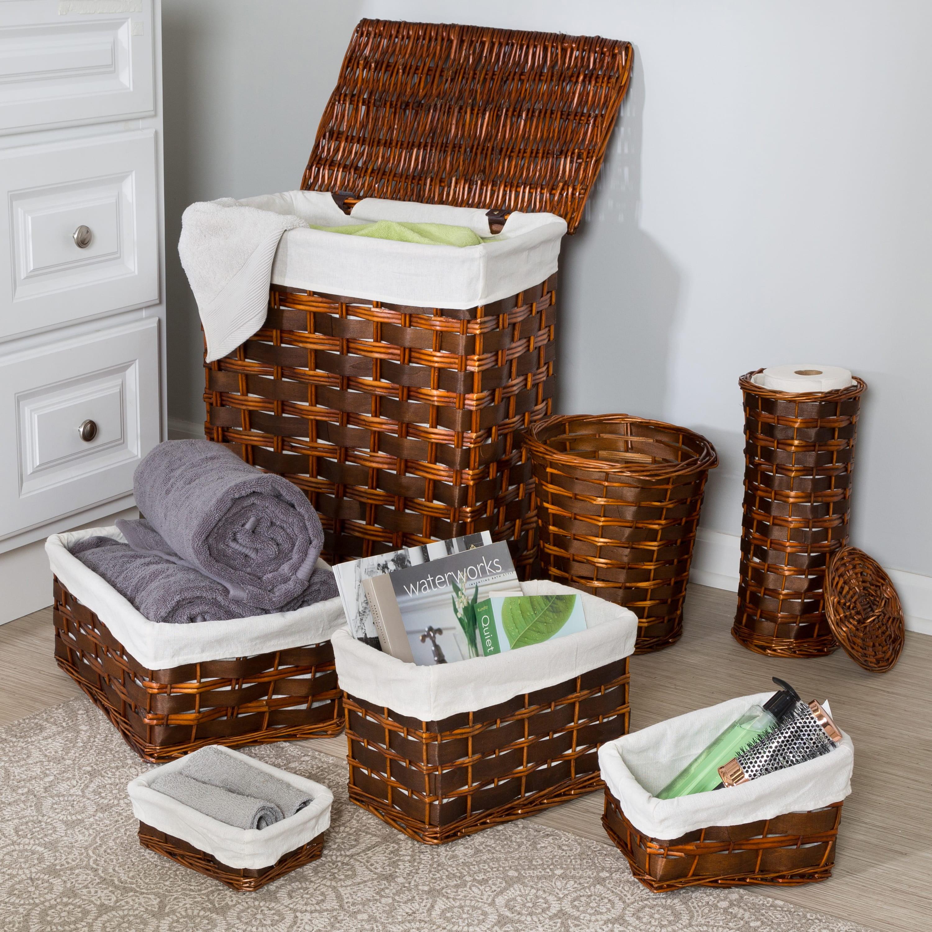 Brown Wicker Laundry Hamper and Storage Basket Set with Lid