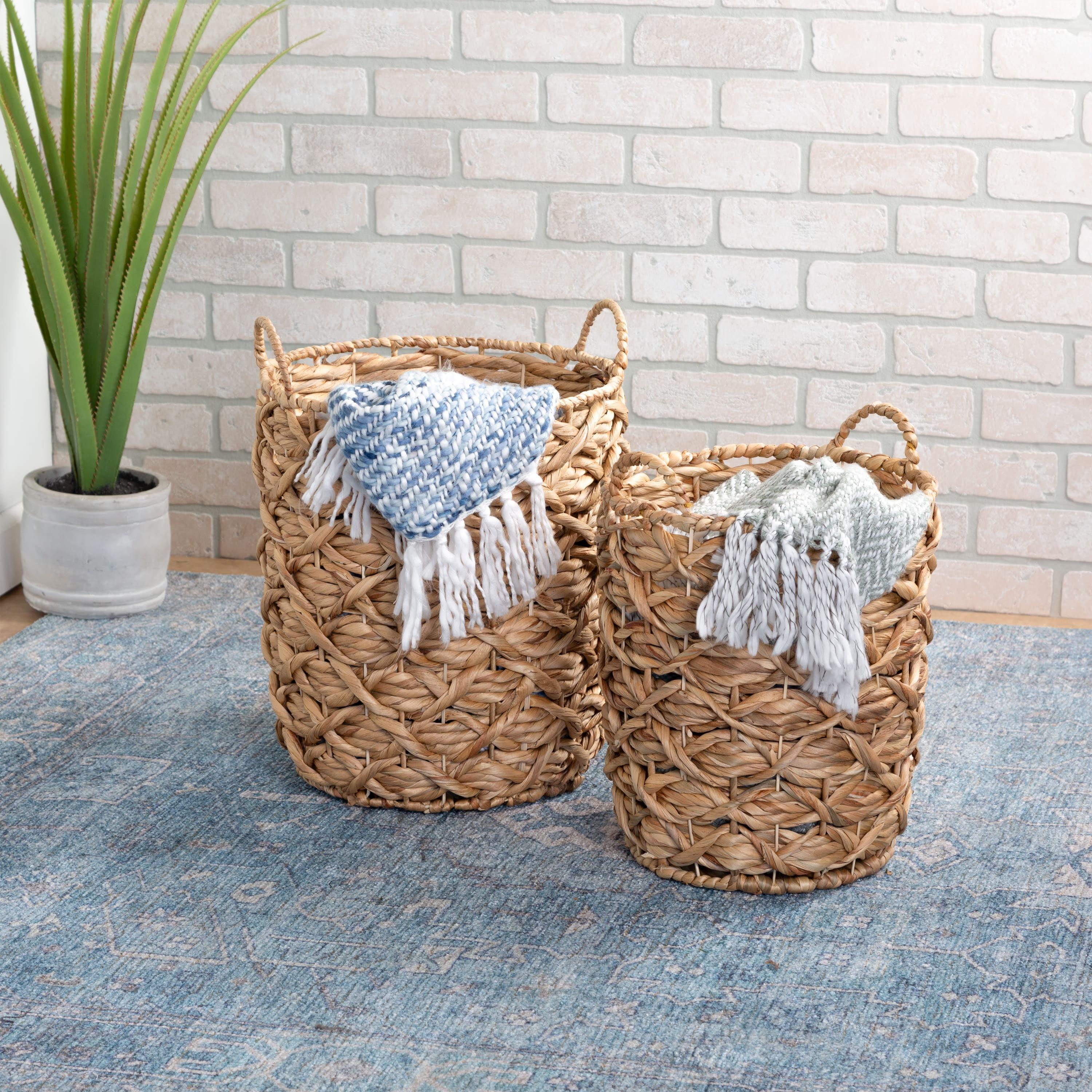 Natural Wicker Round Storage Baskets with Handles, Set of 2