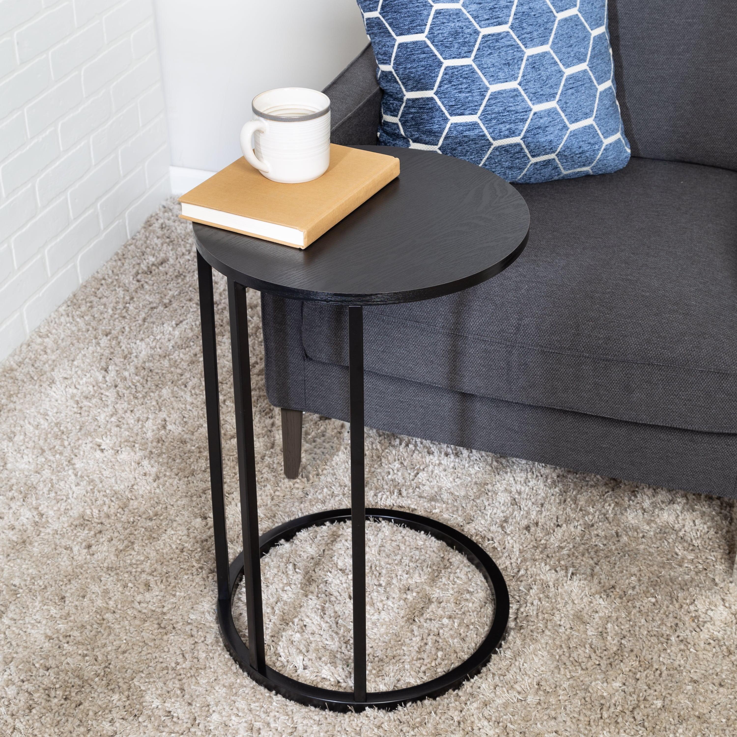 Black Round Wood and Metal C-Shaped End Table