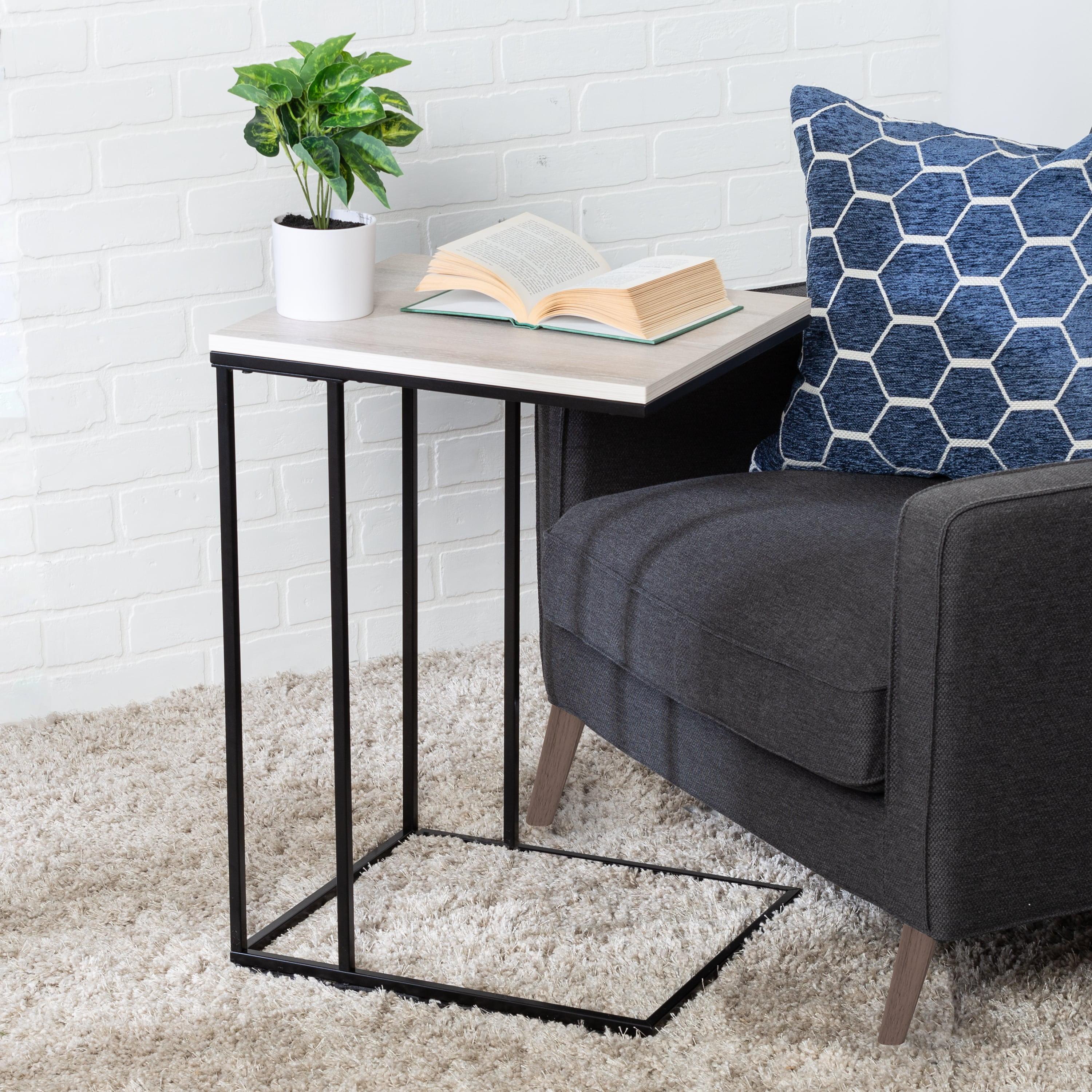 Natural Wood Grain and Matte Black Metal Square C-Shape End Table