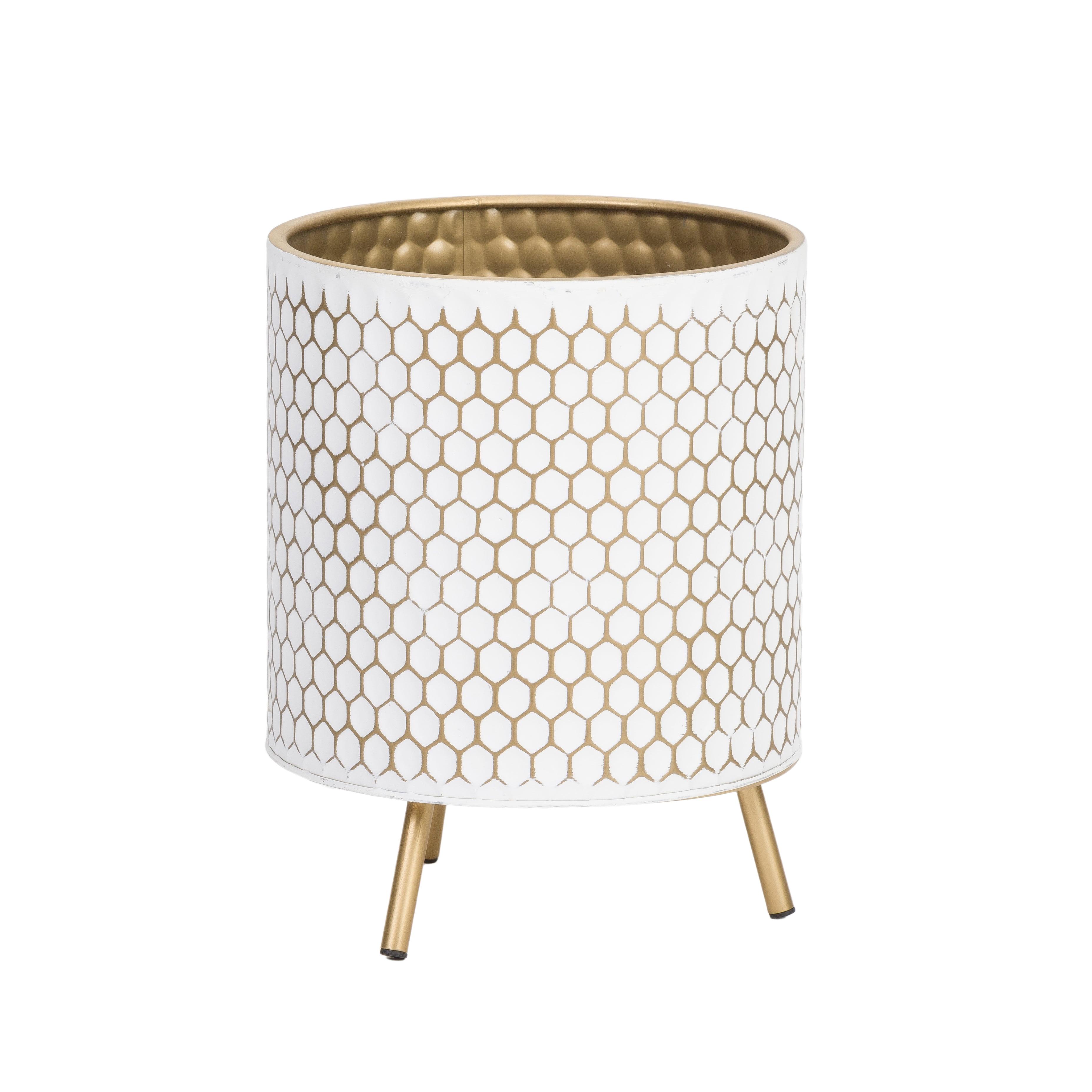 White and Gold Honeycomb Metal Planter with 3-Leg Base, 13" H