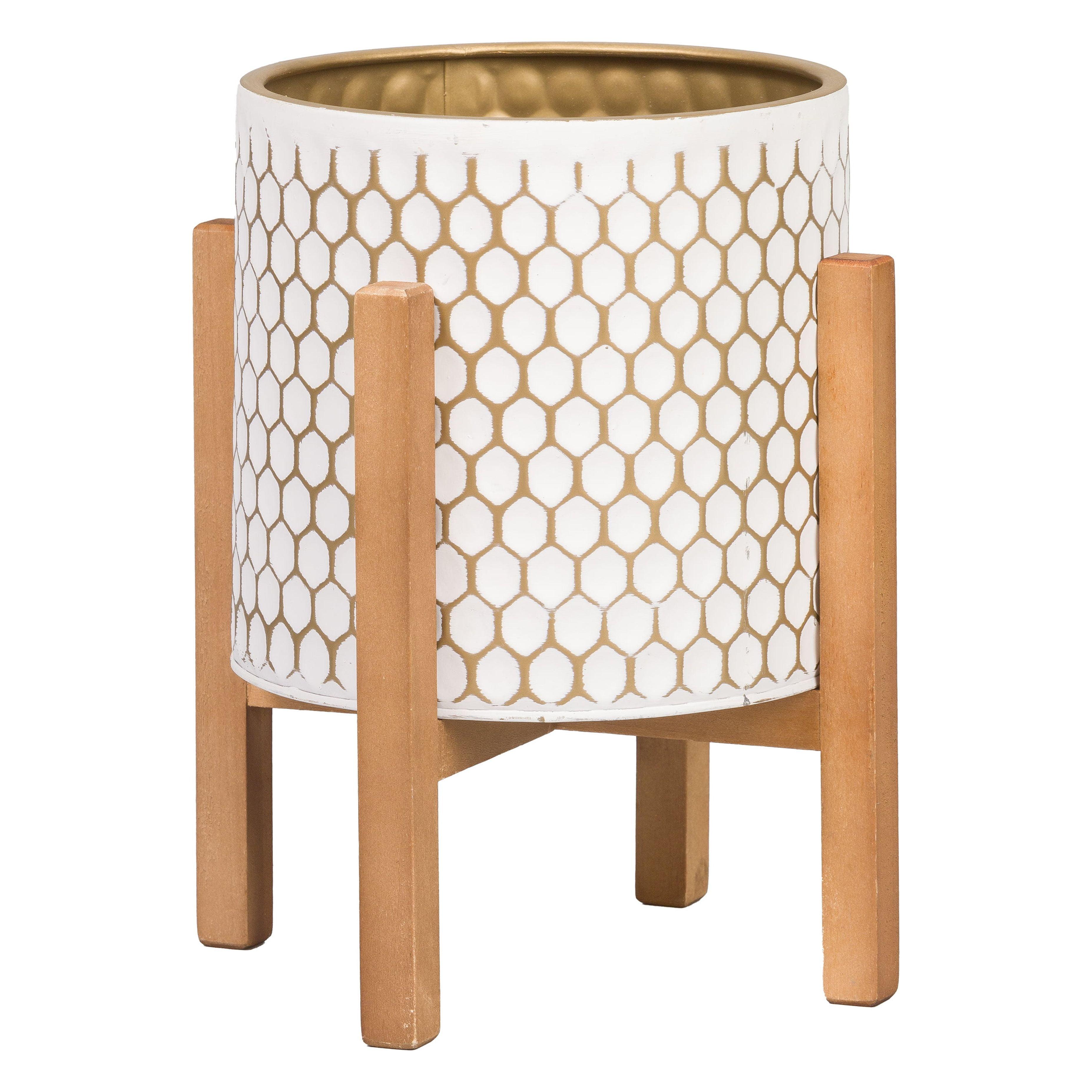 White and Gold Honeycomb Metal Planter with Wood Base