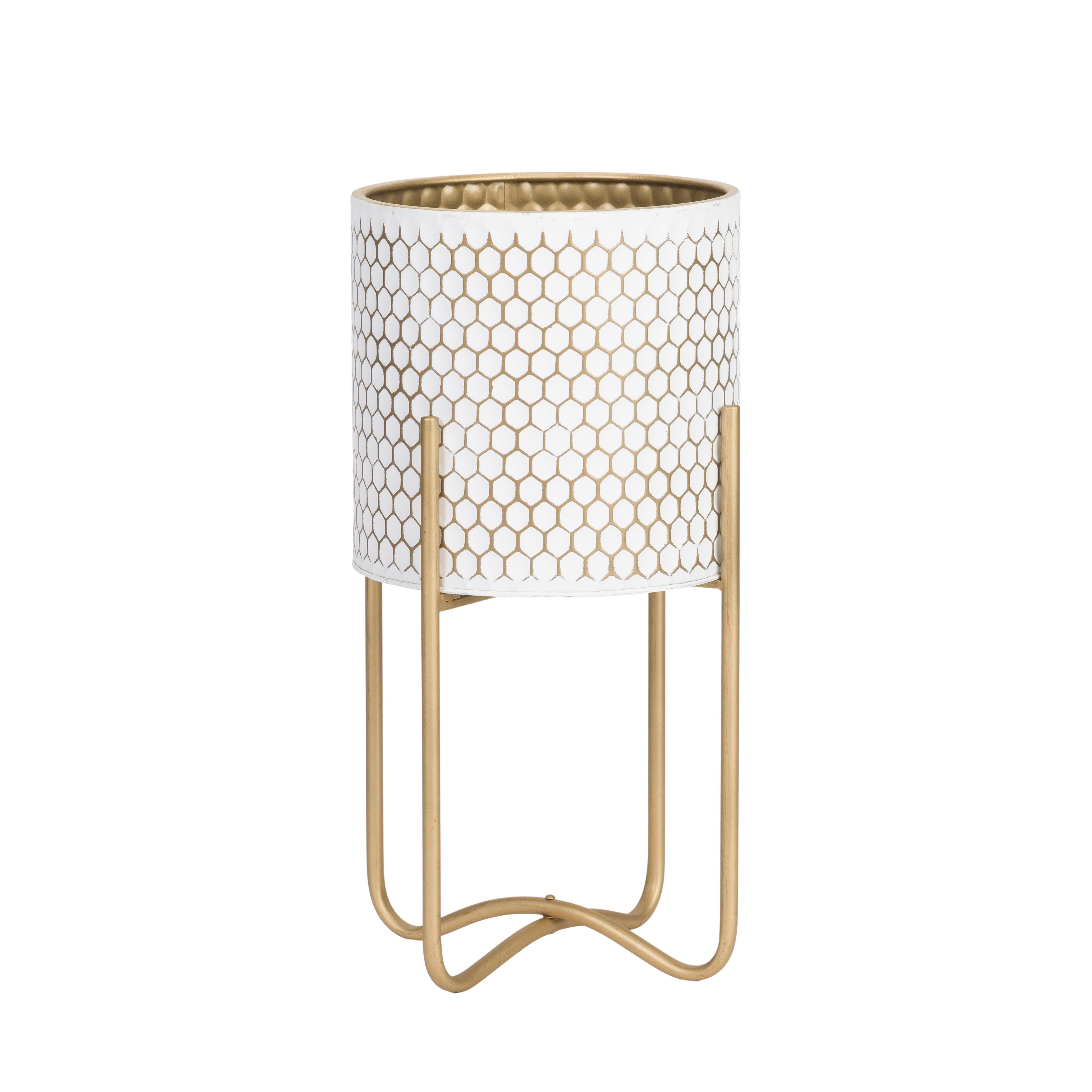 Gold and White Honeycomb Metal Planter with Tall Base, 20.5" H