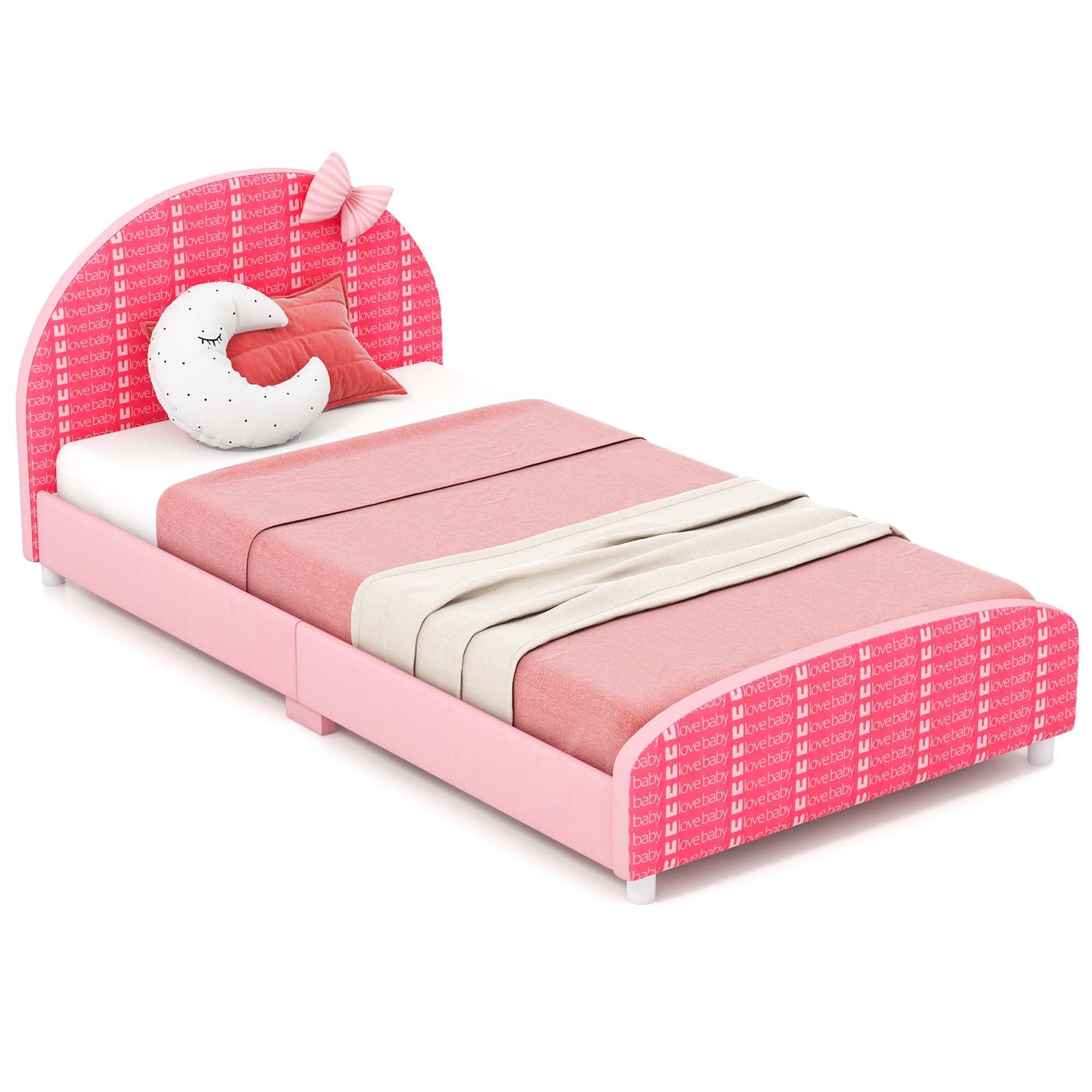 Honeyjoy Children Twin Size Upholstered Platform Single Bed with Headboard & Footboard Pink