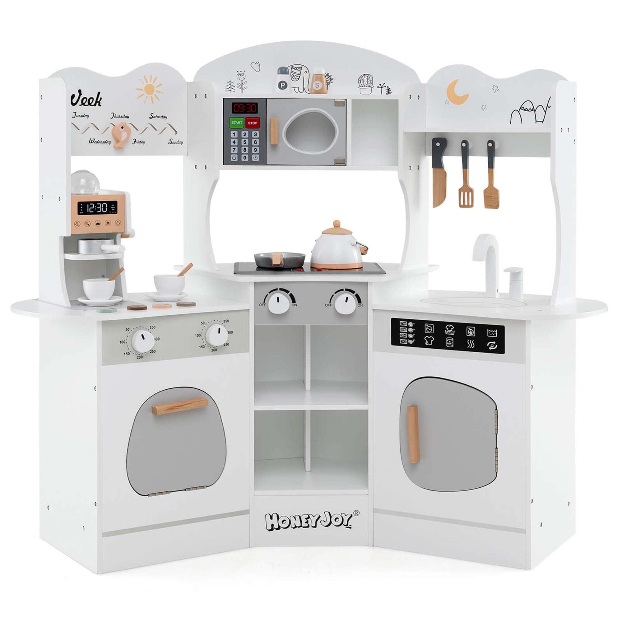 Honeyjoy Corner Kitchen Playset with Coffee Machine Oven Microwave Washing Machine White