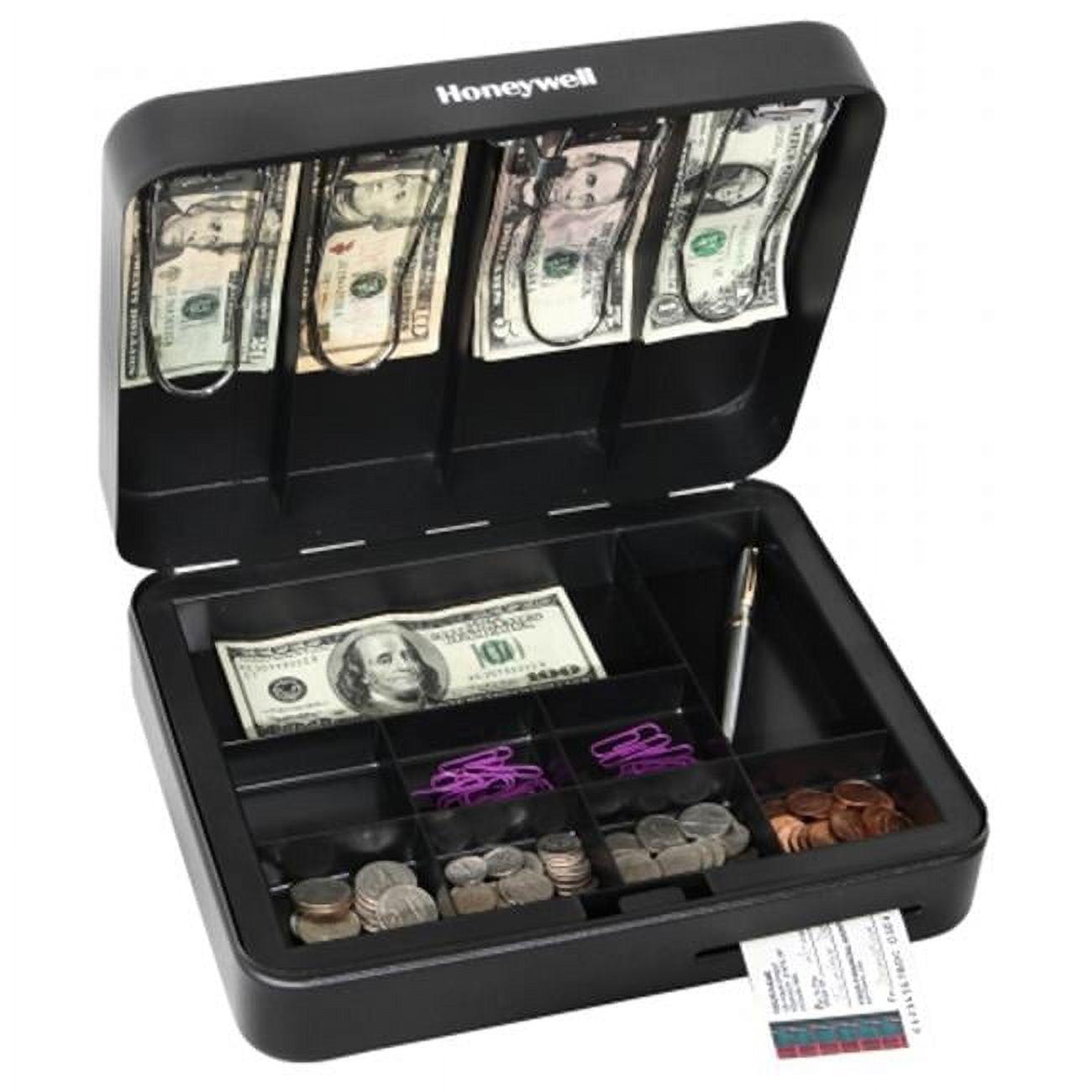 Honeywell Deluxe Steel Cash Box: Black Key Lock Safe with Removable Tray, 0.23 Volume, No Assembly Required