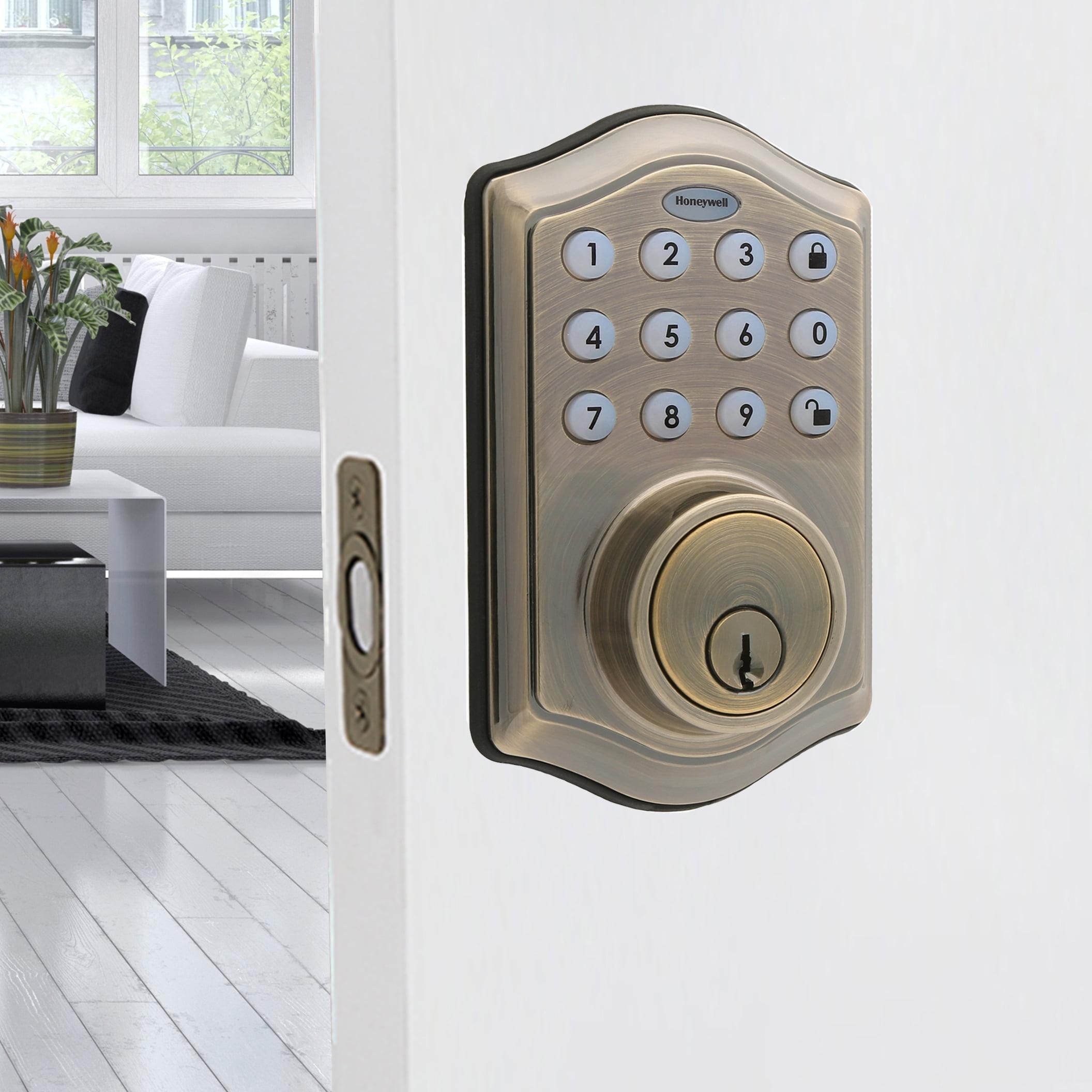 Honeywell Electronic Deadbolt- Antique Brass: Single Cylinder Door Lock, Battery Operated, Steel & Plastic, Light Brown