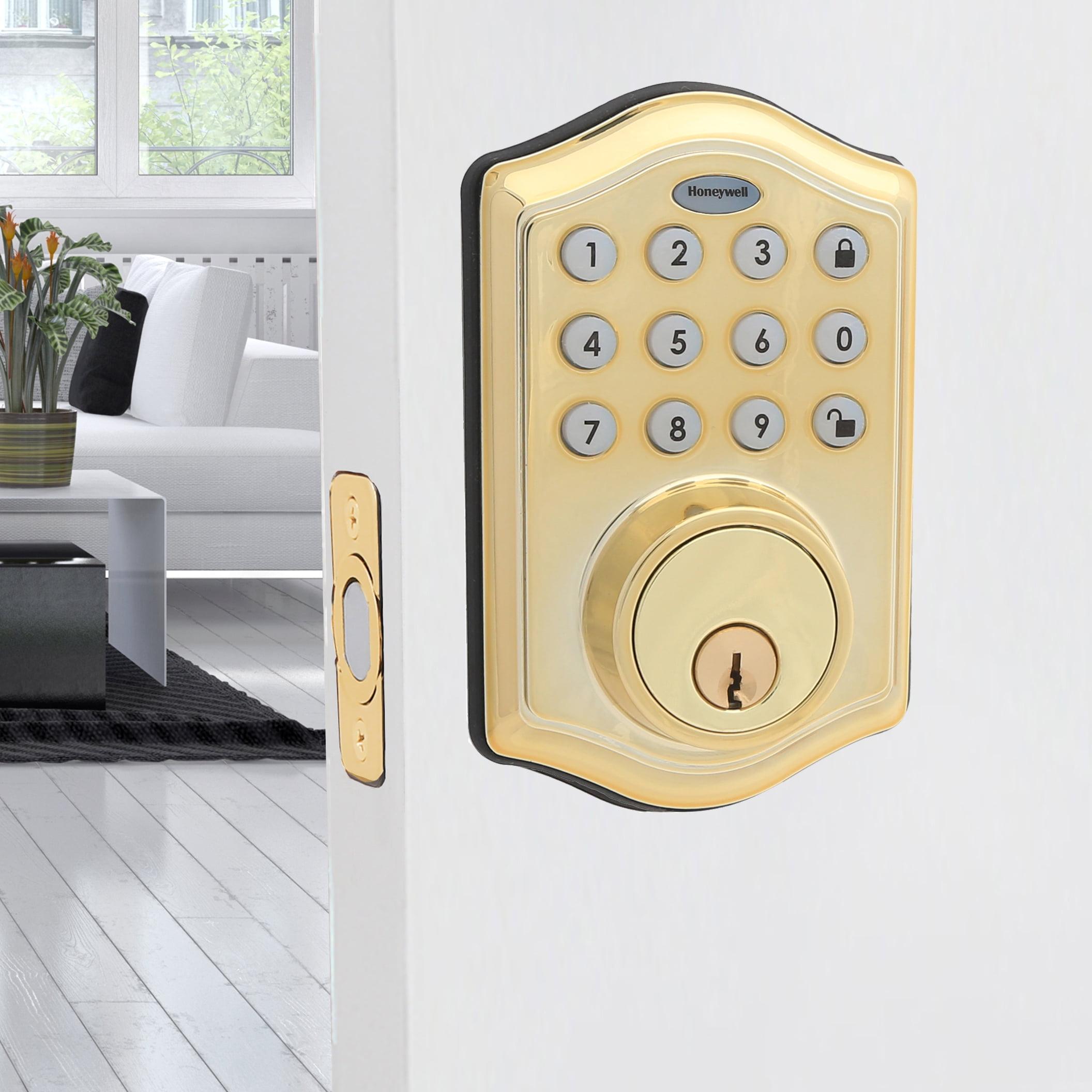 Honeywell Electronic Deadbolt- Polished Brass: Single Cylinder Door Lock, Steel & Plastic, Electric, Gold Finish