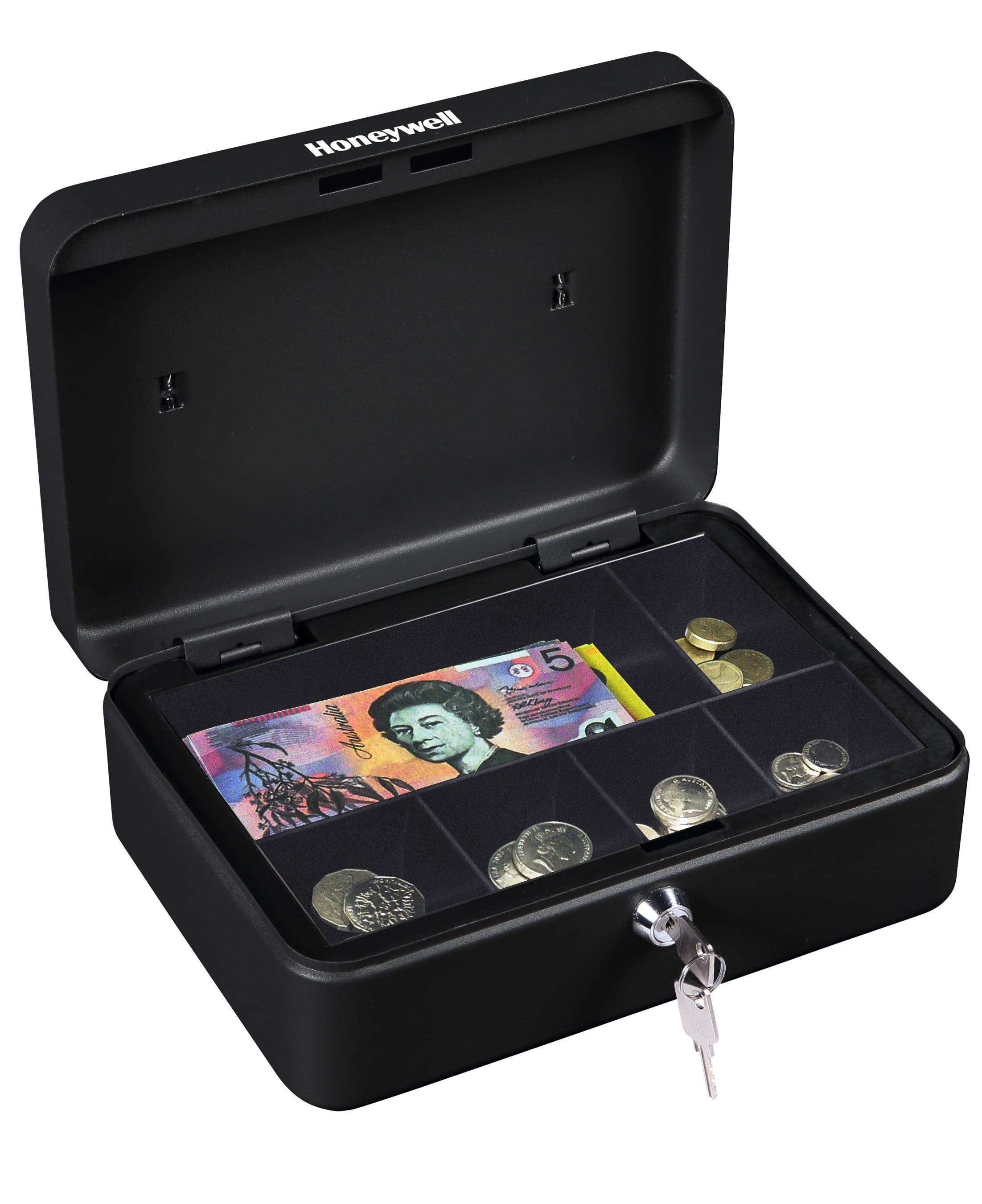 Honeywell Black Steel Cash Box with Key Lock and Removable Tray