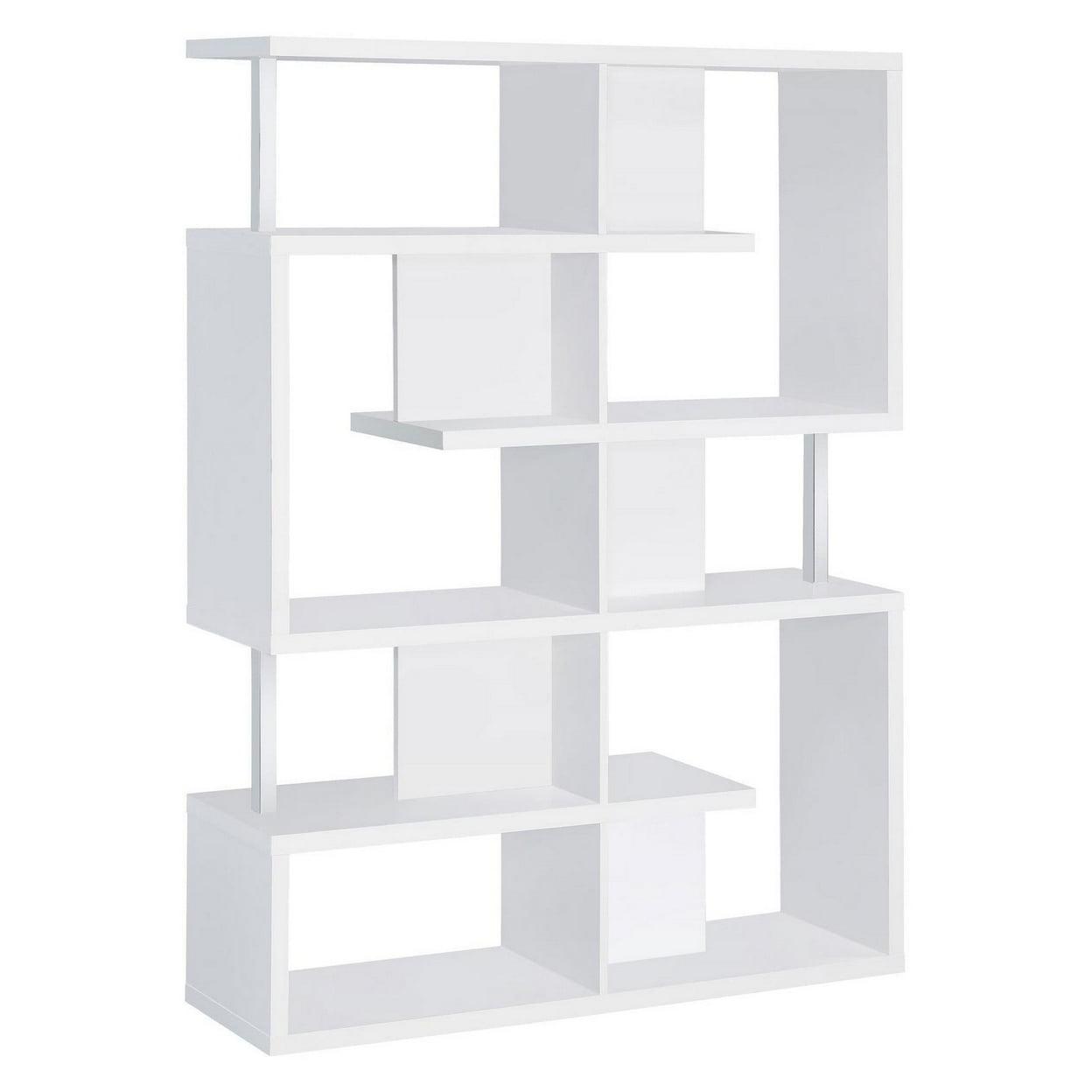 Modern White Zig Zag 5-Tier Bookcase with Chrome Accents