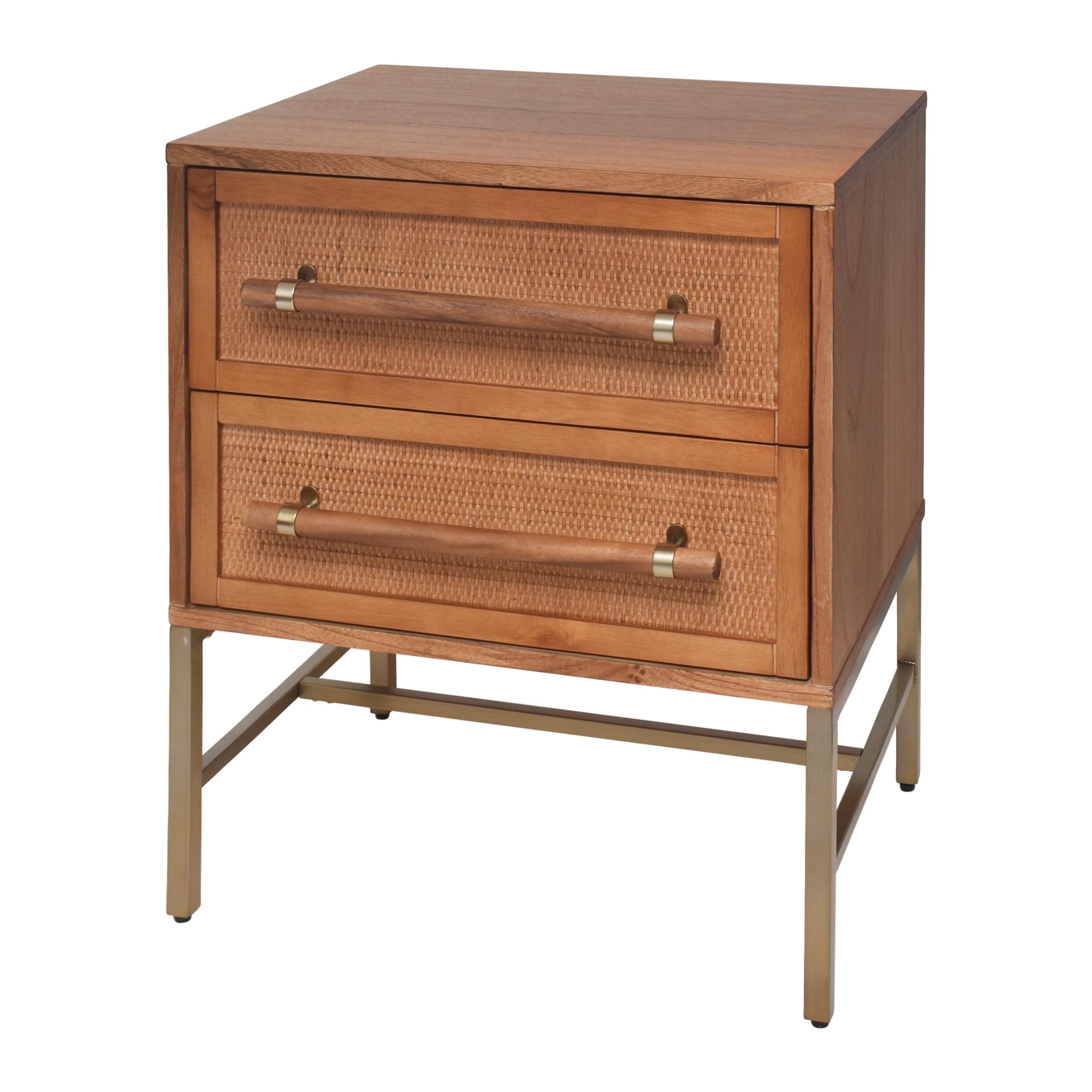 Sophia Light Blonde Rattan 2-Drawer Nightstand with Brass Accents