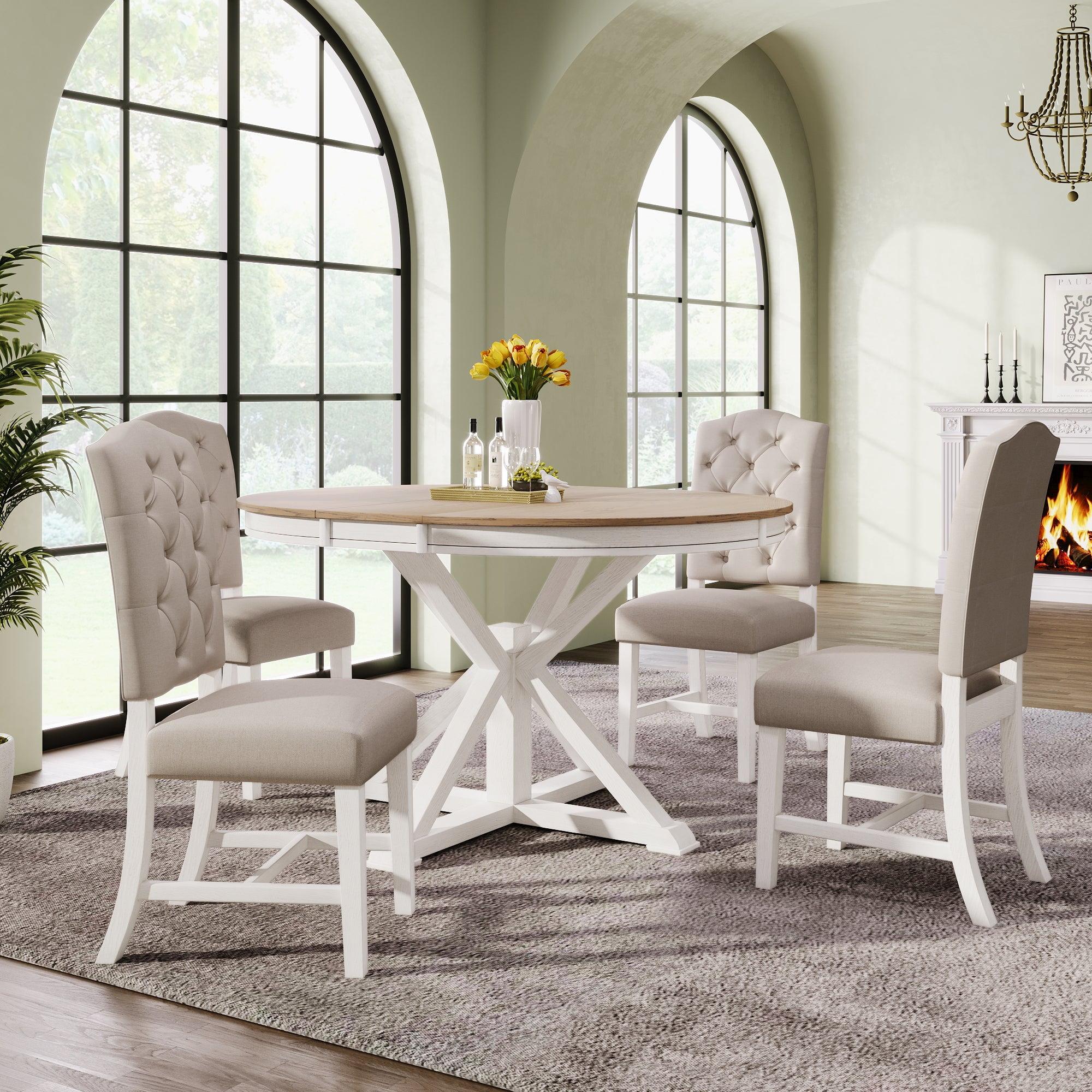 Churanty Wood Dining Table Set for 4 with Extendable Table and 4 Upholstered Chairs for Dining Room,Oak Natural Wood + Off White