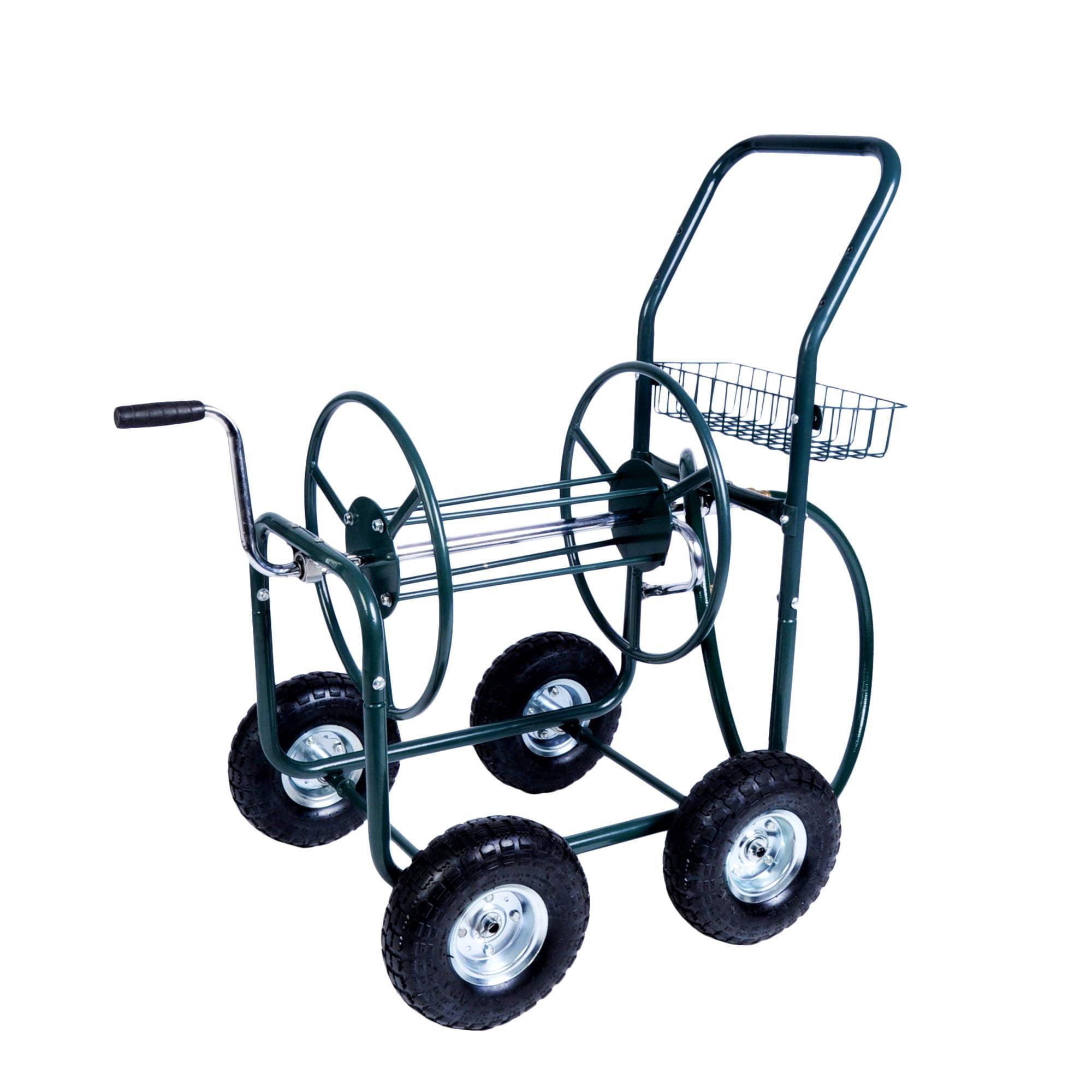 Green Heavy-Duty Metal Garden Hose Reel Cart with Wheels