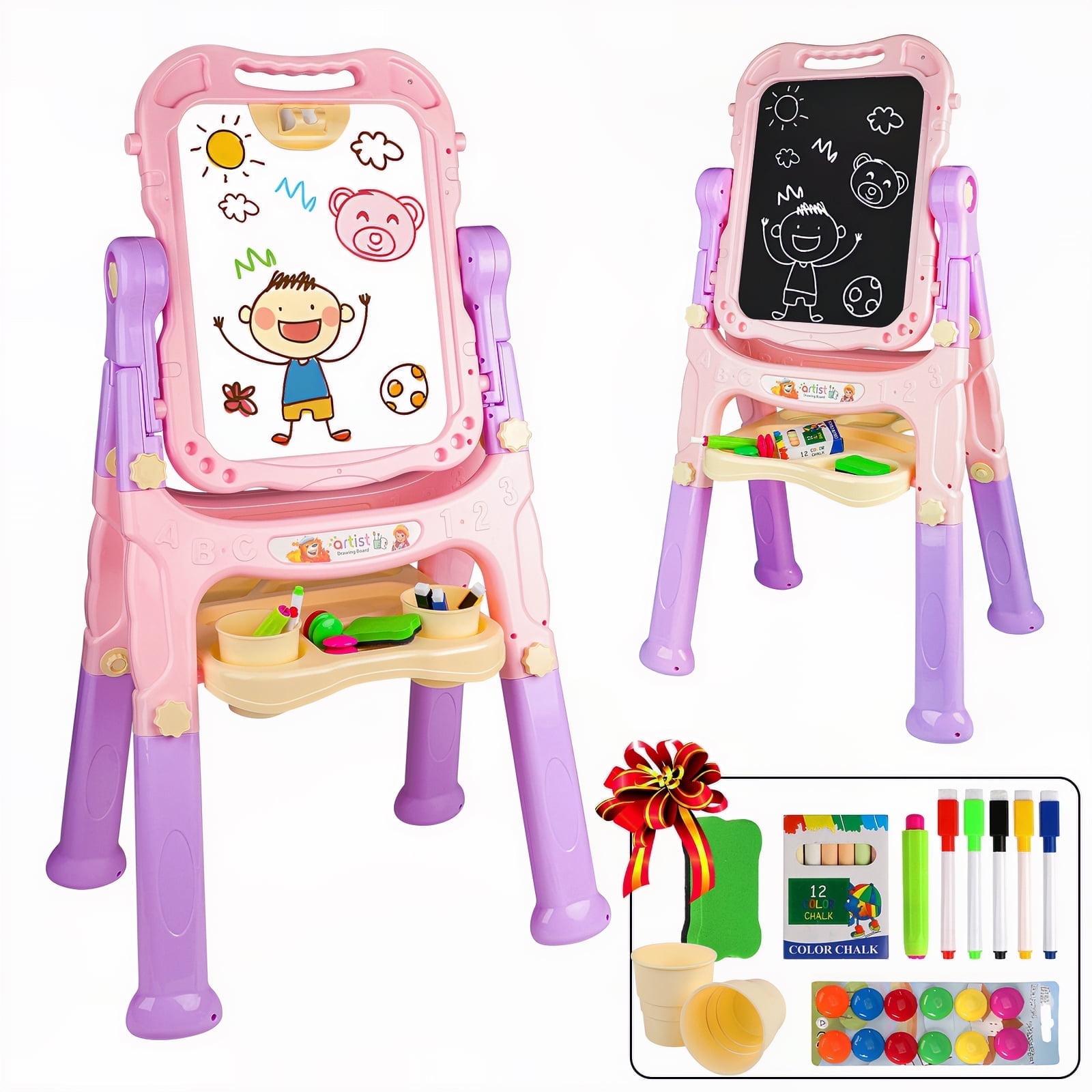 Easel for Kids, Adjustable Standing Art Easel for Toddler, Double Magnetic Drawing Board with Painting Accessories, Birthday Christmas Gift for Little Boys and Girls,  Pink