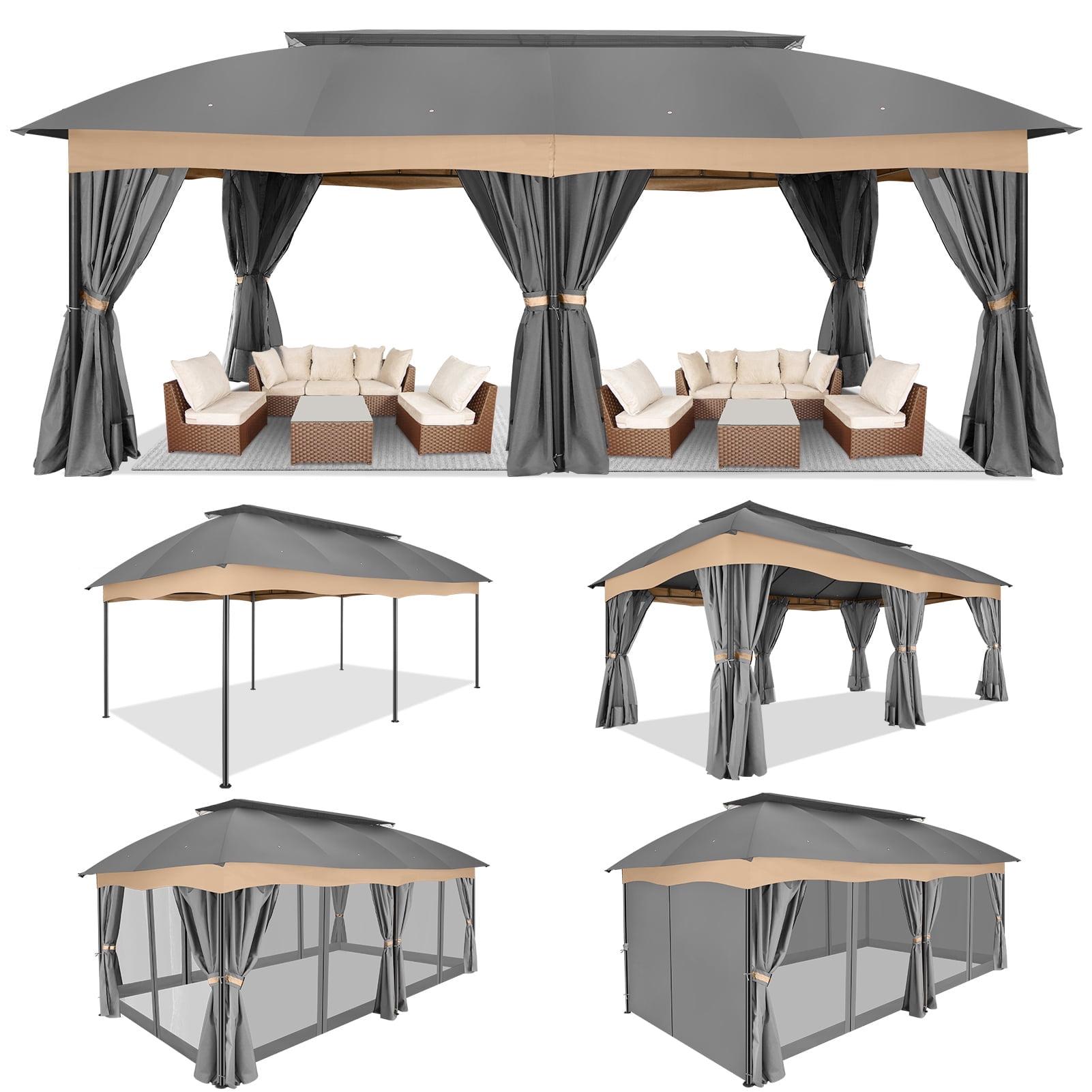 Hoteel 12X20 Heavy Duty Outdoor Patio Gazebo with Mosquito Netting and Curtains, Canopy Tent Deck Gazebo with Double Roofs and Metal Steel Frame for Party, Backyard, Deck, Garden, Gray