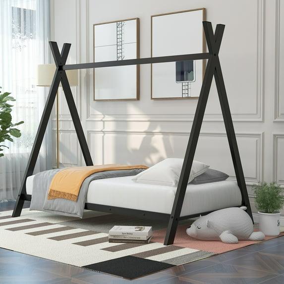 CITYLE Twin House Bed with Roof for Kids, Toddlers, Teens, Metal House Bed Frame with 20 Slats, Kids Twin Bed, No Box Spring Needed, Black