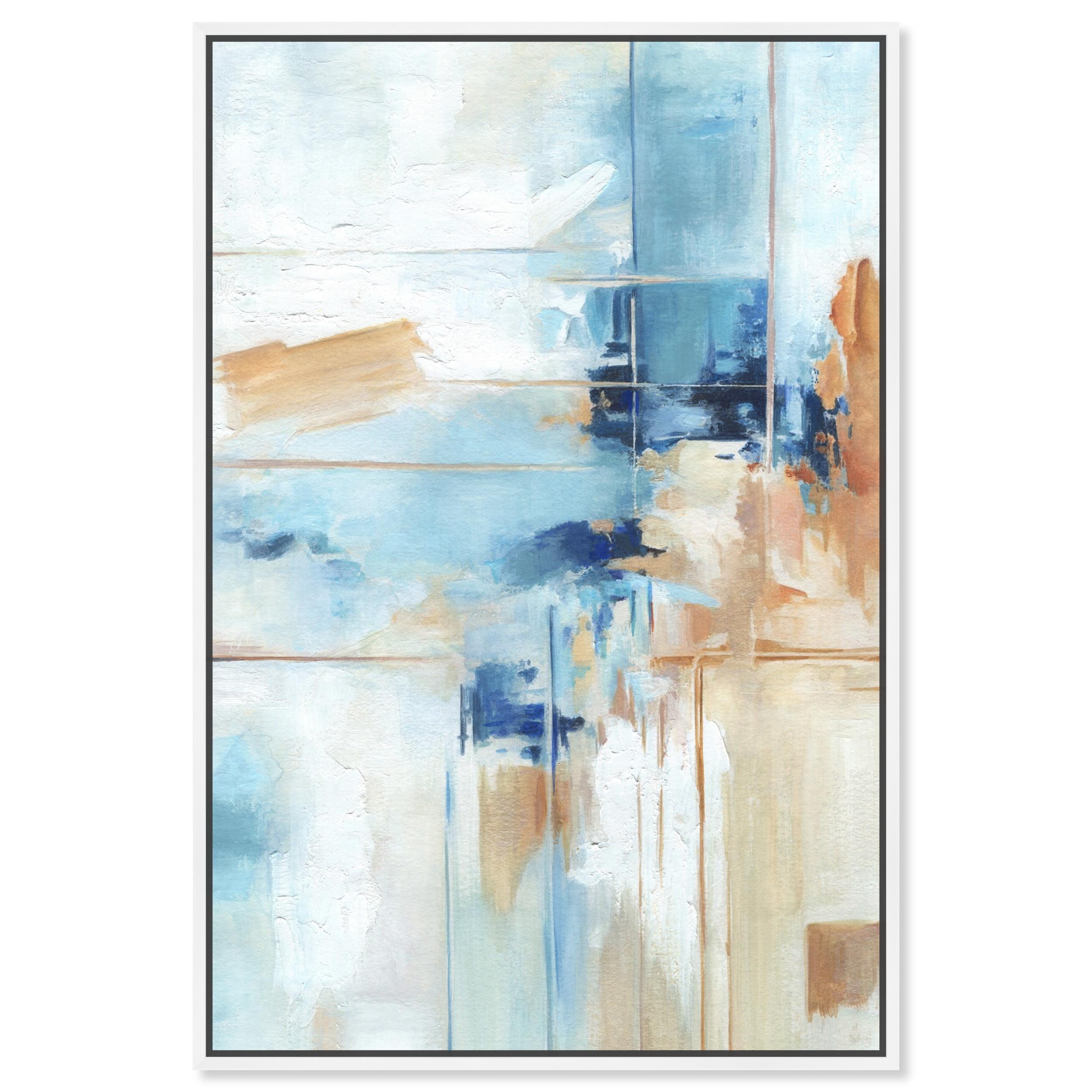 Blue and Beige Abstract Canvas Wall Art with White Frame, 21" x 31"