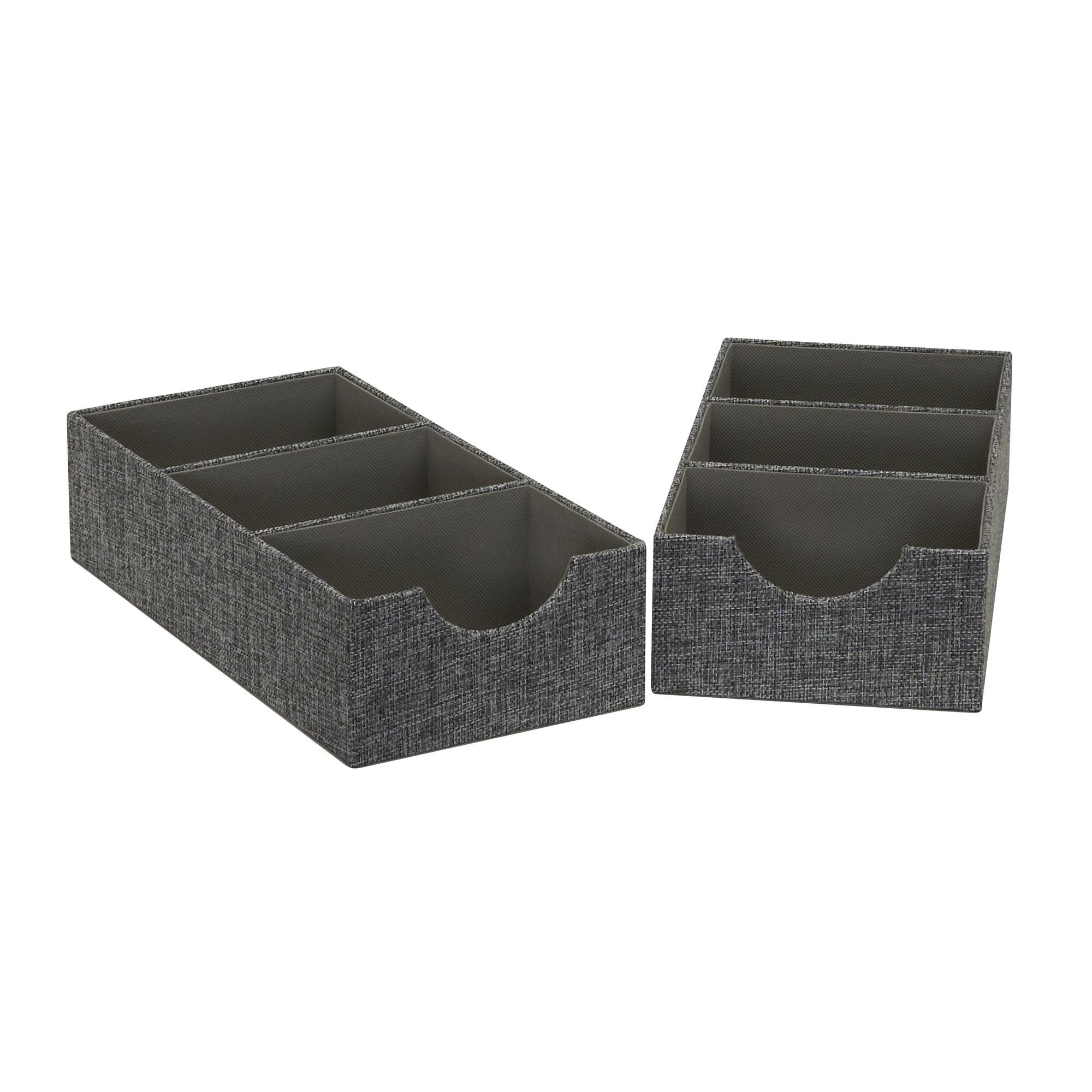 Household Essentials Set of 2 3-Section Drawer Trays Graphite Linen: Stackable Decorative Storage Boxes, Gray, 12"x6"