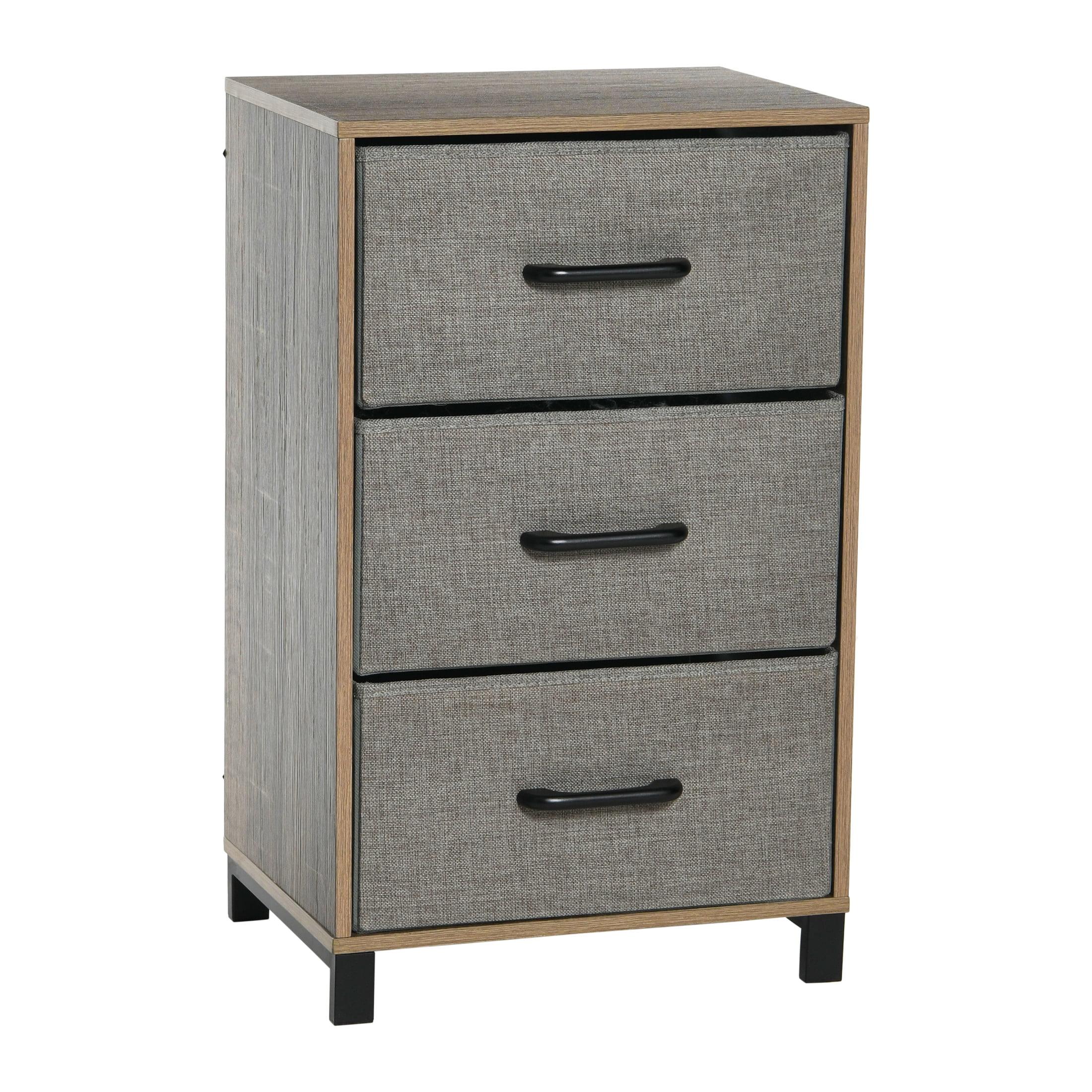 Household Essentials Dresser Nightstand Chest of Drawers Ashwood Rustic Wood Grain with 3 Grey Strorage Drawers