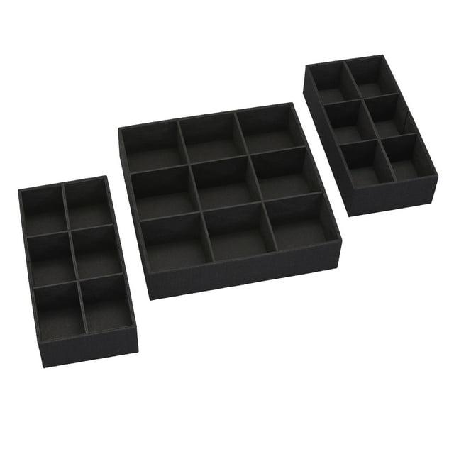 Household Essentials 3 Piece Drawer Organizers Starter Set, Large Tray and 2 Small Trays, Polyester Linen and PP Non-Woven Lining, Strong Chipboard Siding, Versatile, Nestable, Black