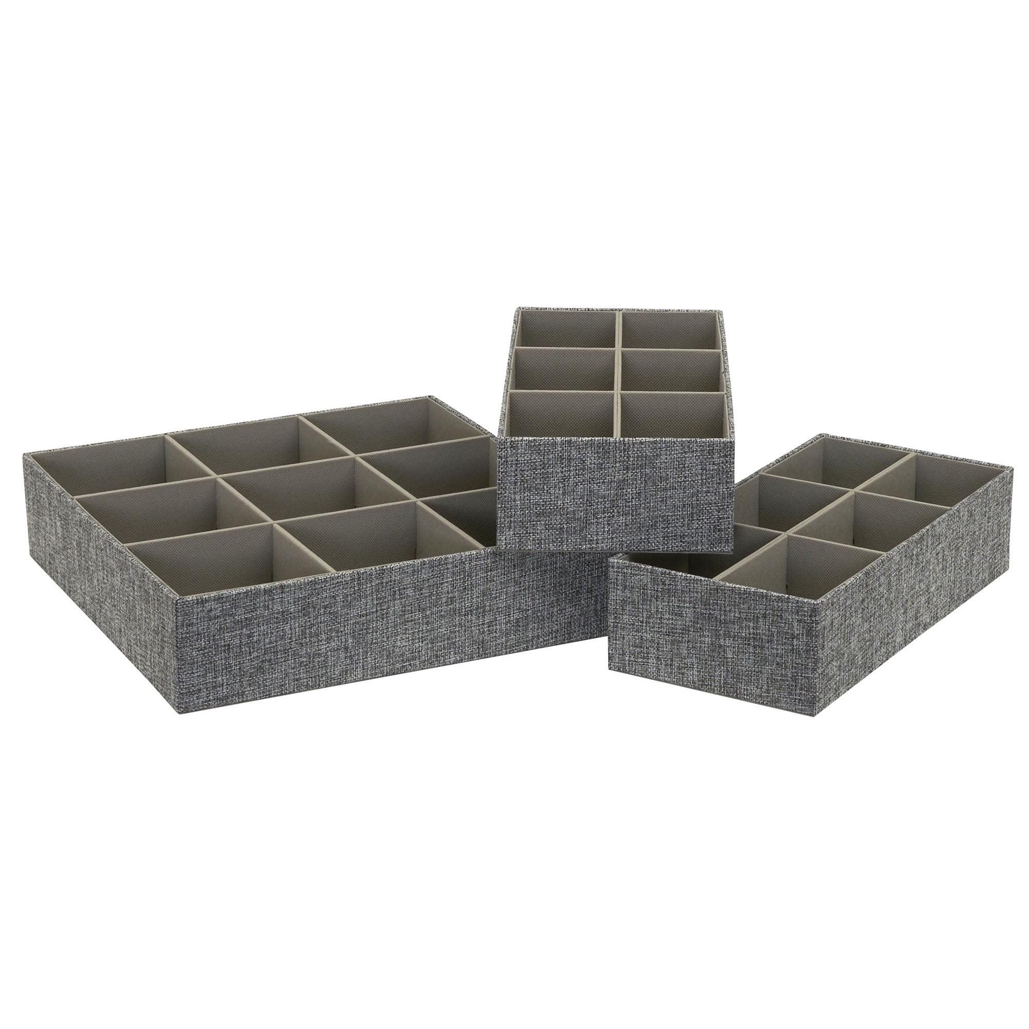 Household Essentials 3pc Drawer Organizer Set Graphite Linen: Stackable Decorative Boxes, Polyester, 12.6"x12.6" Rectangle