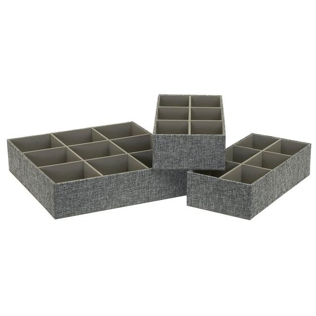 Household Essentials 3pc Drawer Organizer Set Graphite Linen: Stackable Decorative Boxes, Polyester, 12.6"x12.6" Rectangle