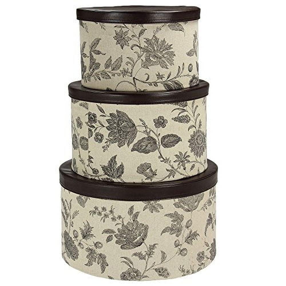 Round Hat Boxes with Lids, Detailed Floral Print with Faux Leather Lids, Large, Medium and Small, Black and Tan