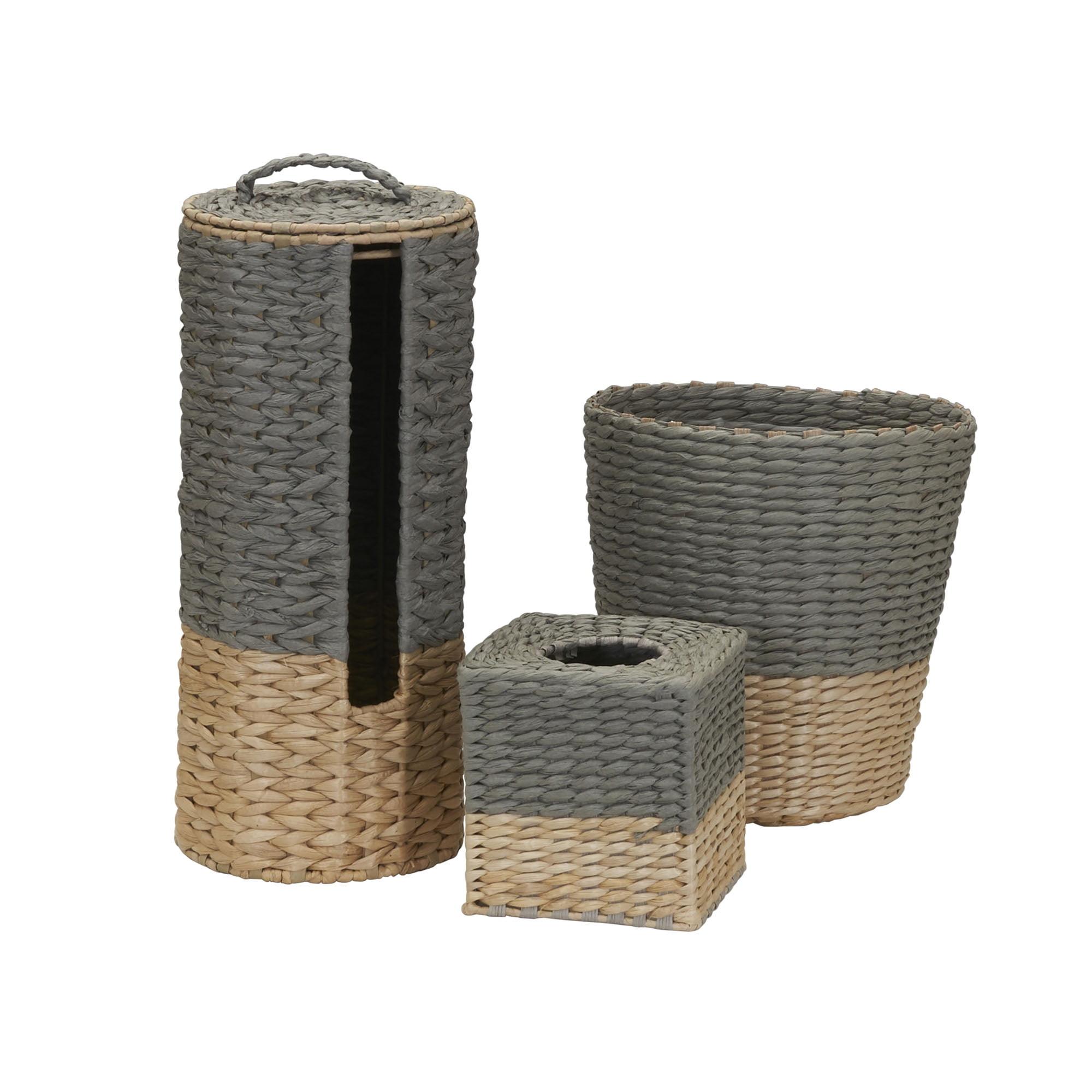 3-Piece Set Wicker Bathroom Accessories, Features Toilet Tissue Stand, Wastebasket and Tissue Box Cover, Wicker Material, Natural and Gray