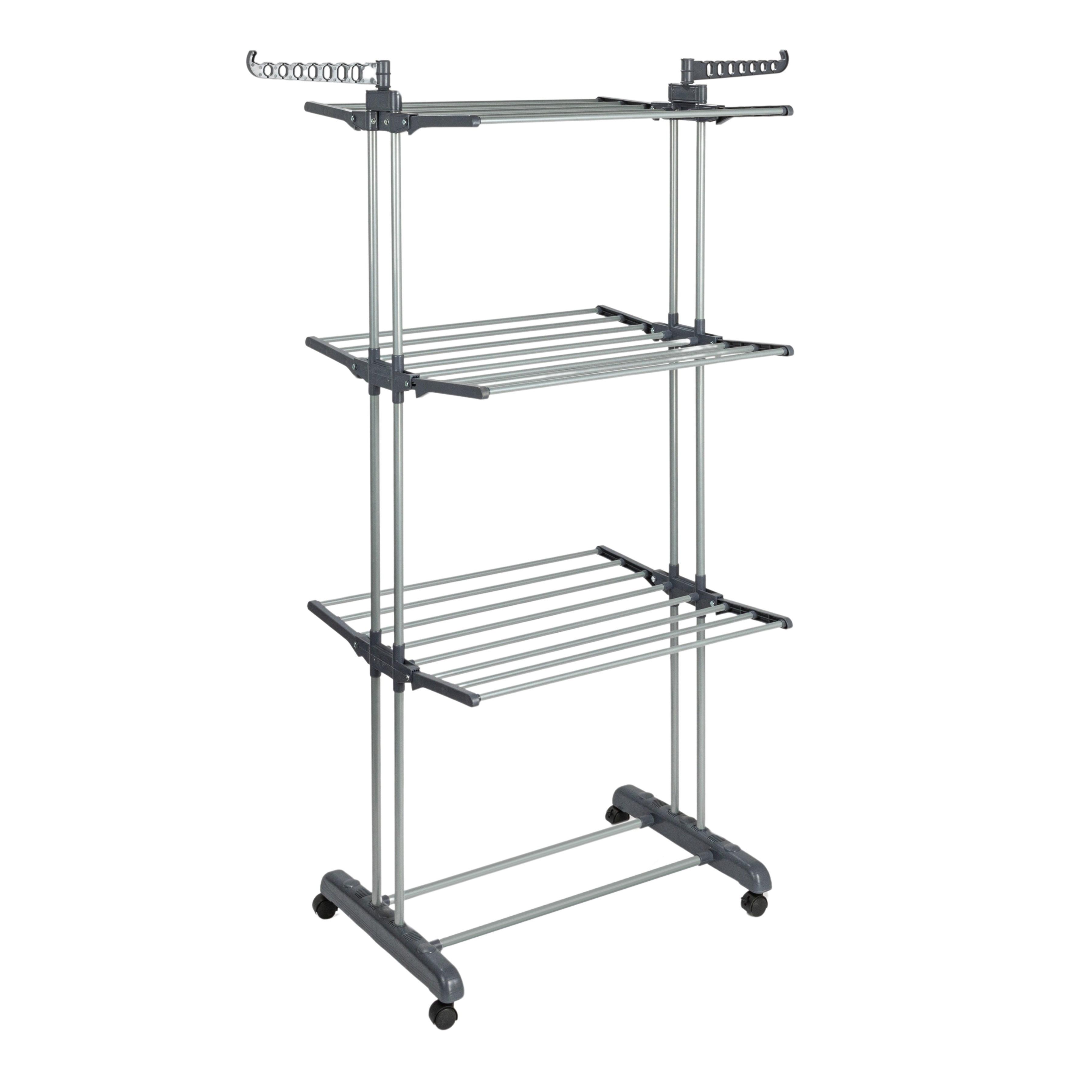 Household Essentials 4 Tier Stainless Steel Laundry Drying Rack with Two Side Wings, Grey