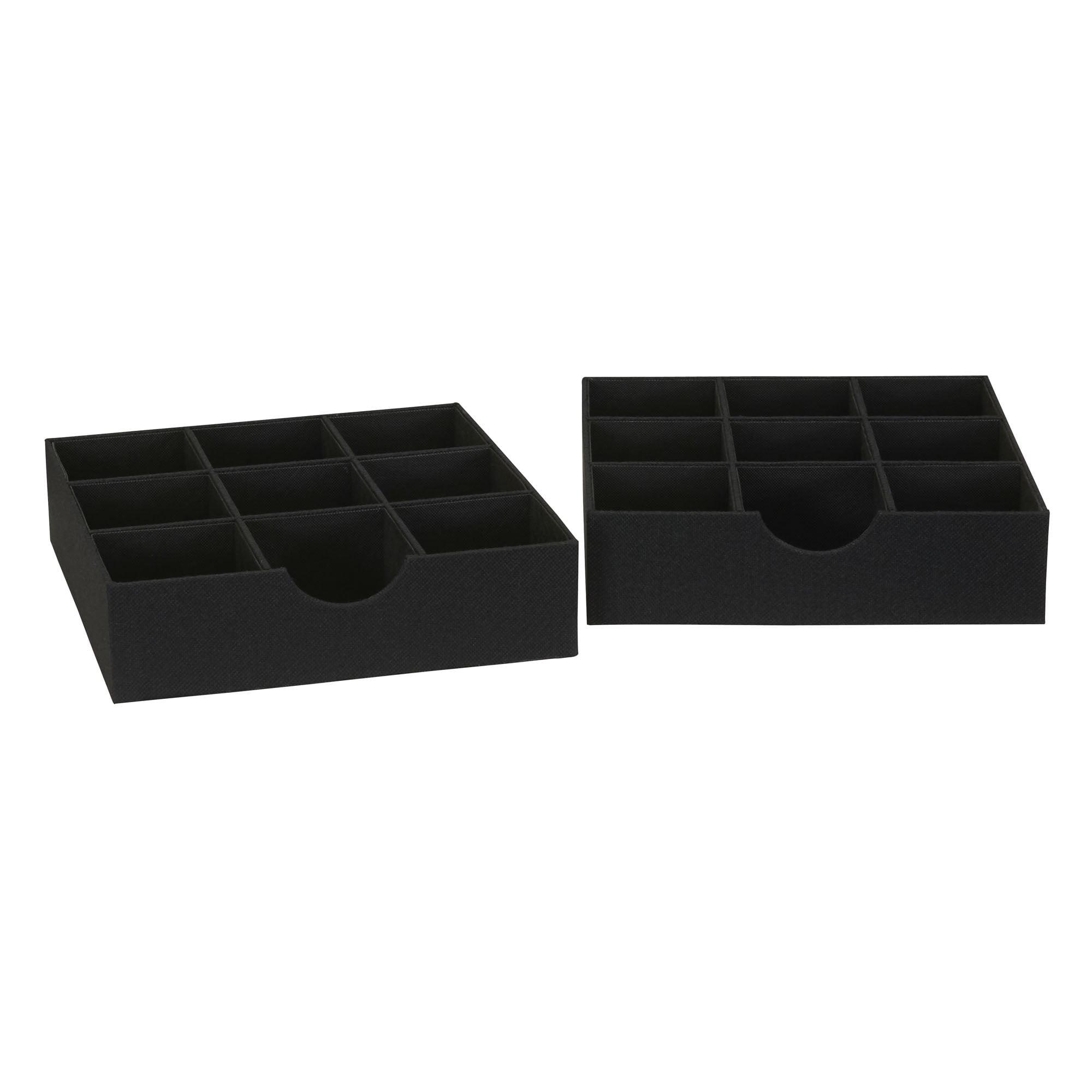 Household Essentials 9-Compartment Drawer Organizers, Pack of 2, Sturdy Chipboard With Soft Polyester Cover, Convenient and Stylish Storage Solution, 3” H x 12” W x 12” D, Black Linen