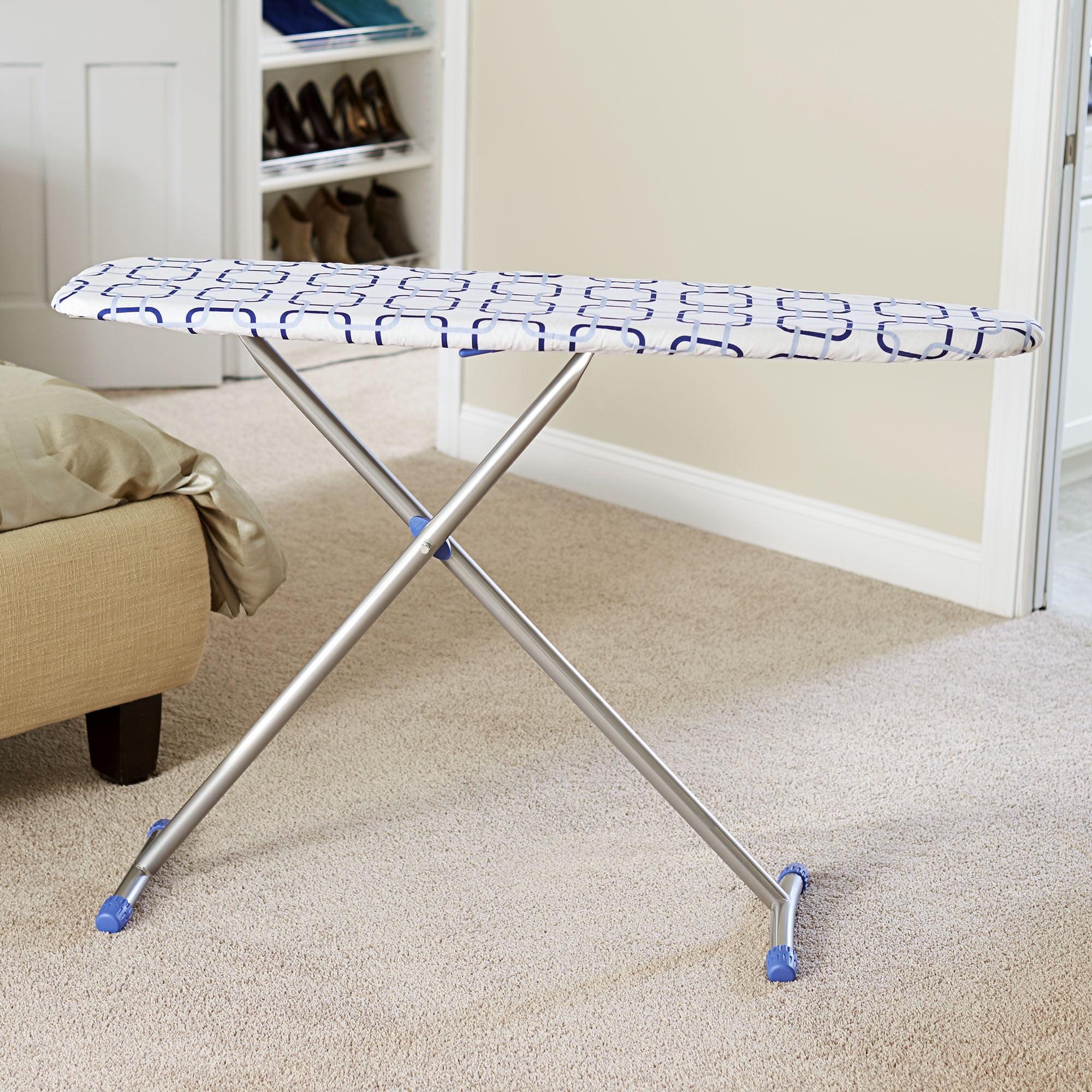 Household Essentials Arched T-Leg Ironing Board Silver Frame Blue Geometric Pattern