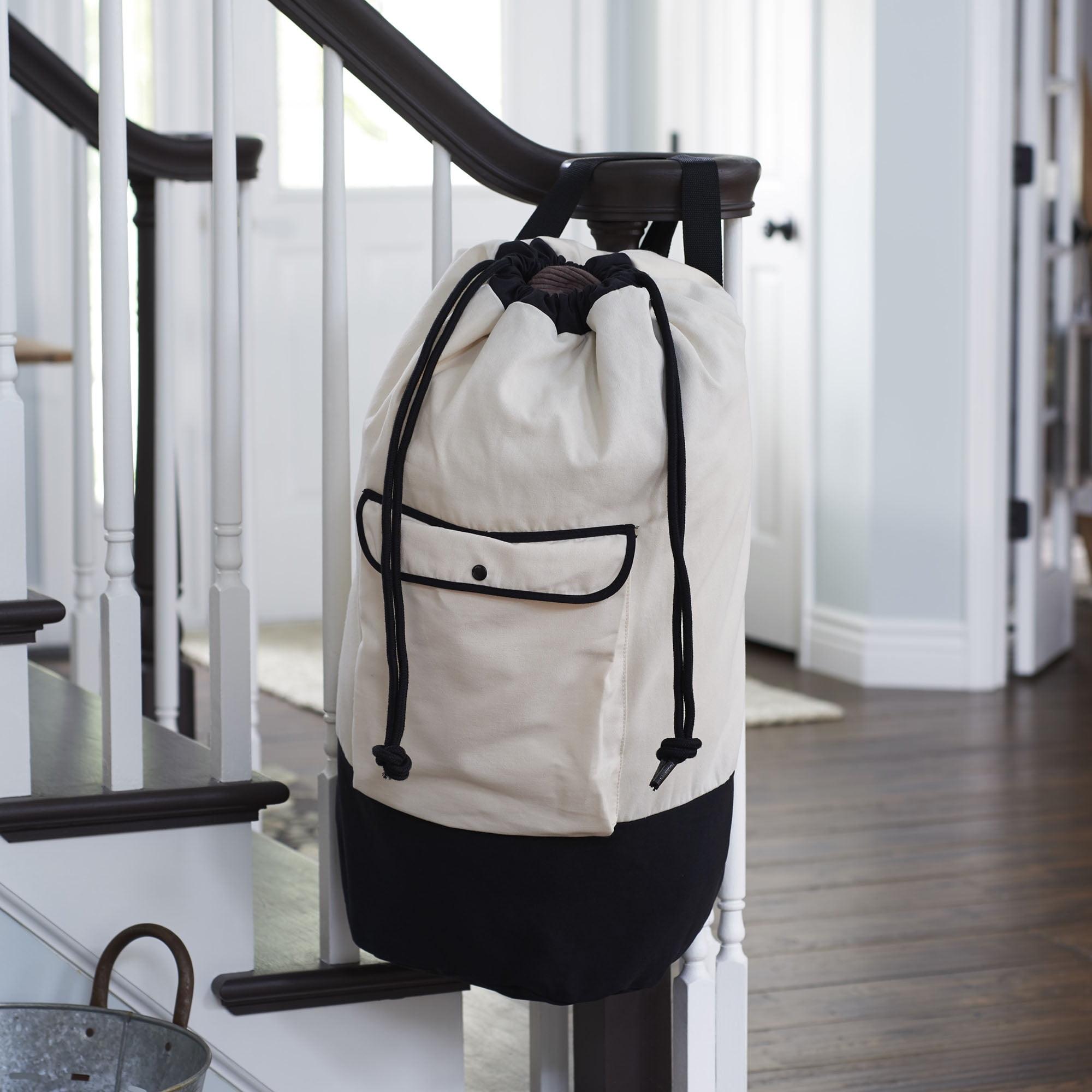 Household Essentials Backpack Duffel Laundry Bag Canvas Drawstring Cream/Black