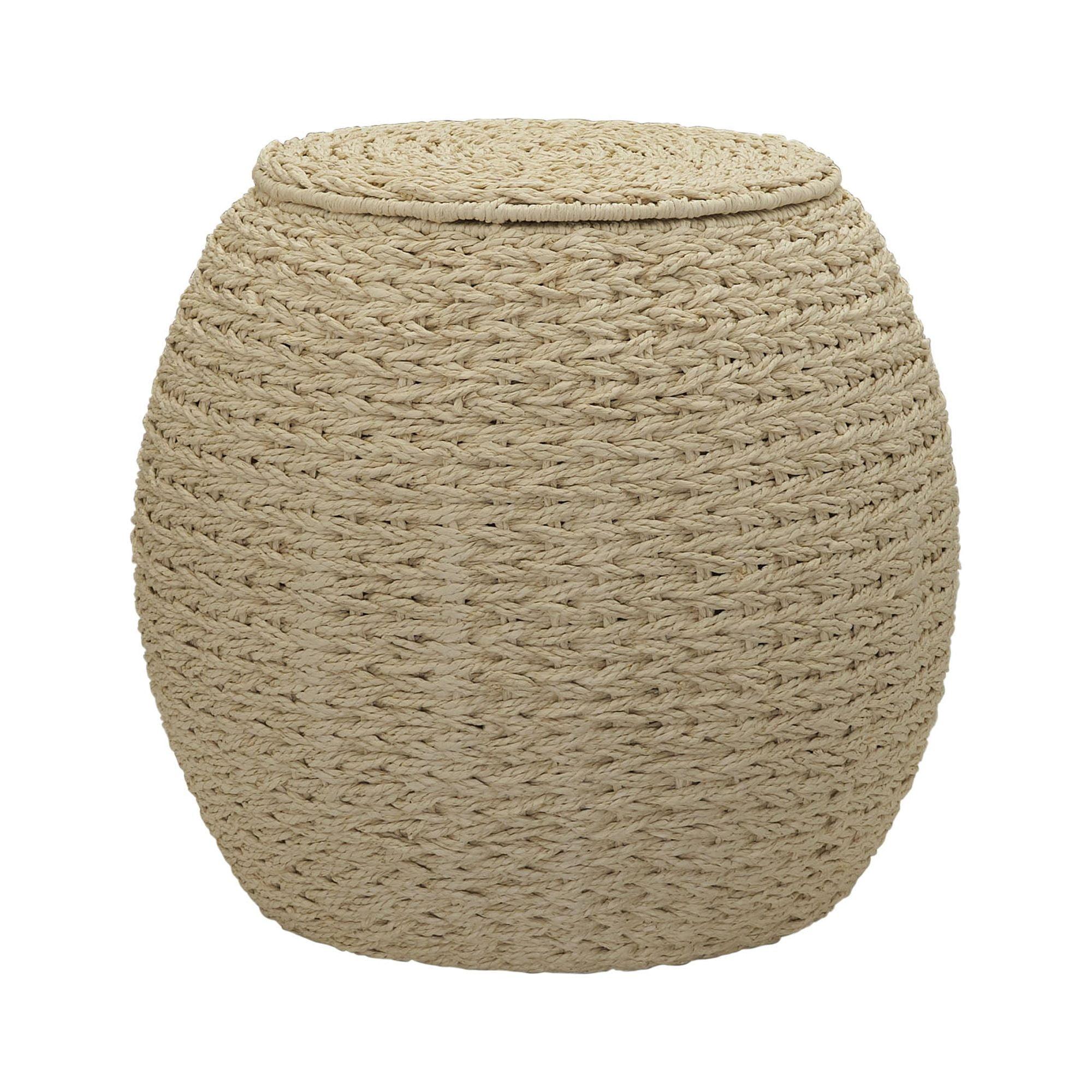 Rustic Cream Handwoven Paper Rope Barrel Side Table & Storage