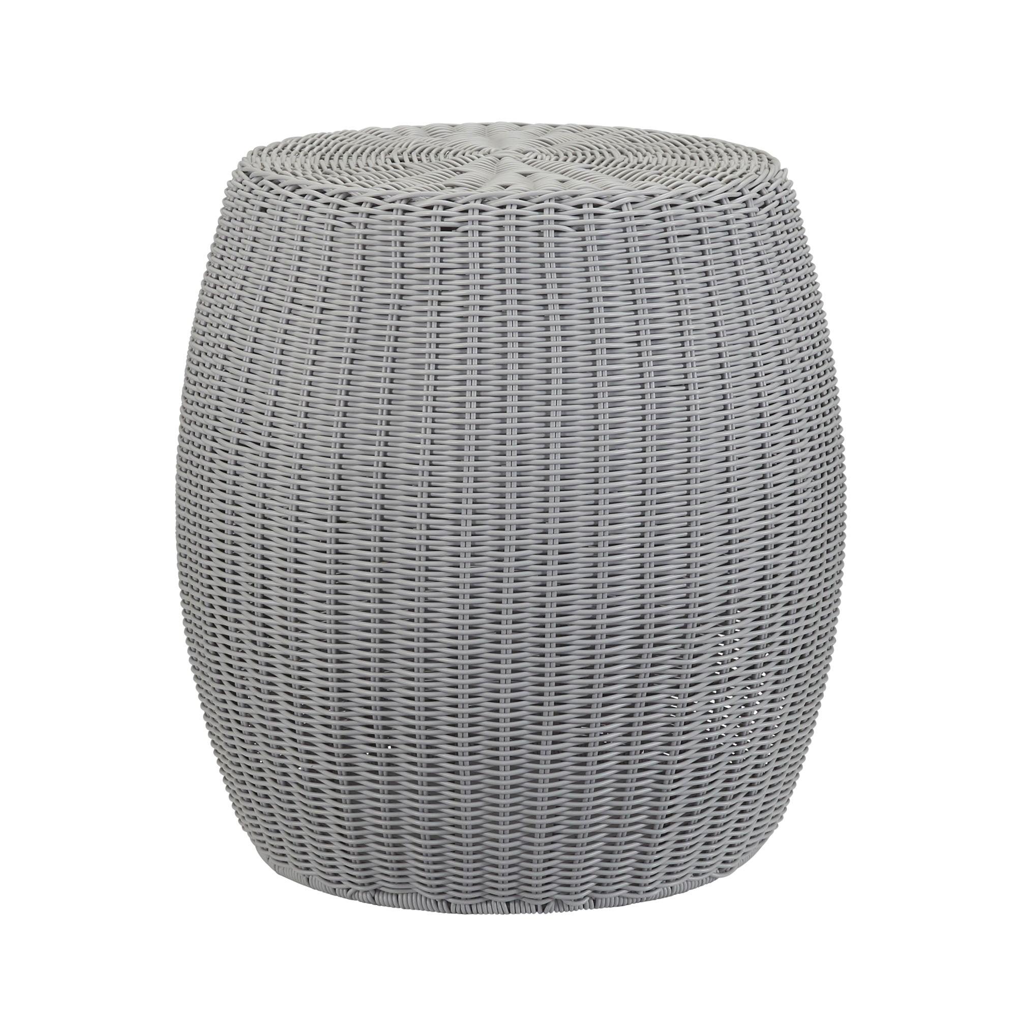 Bohemian Gray Resin-Woven Barrel Side Table with Metal Frame