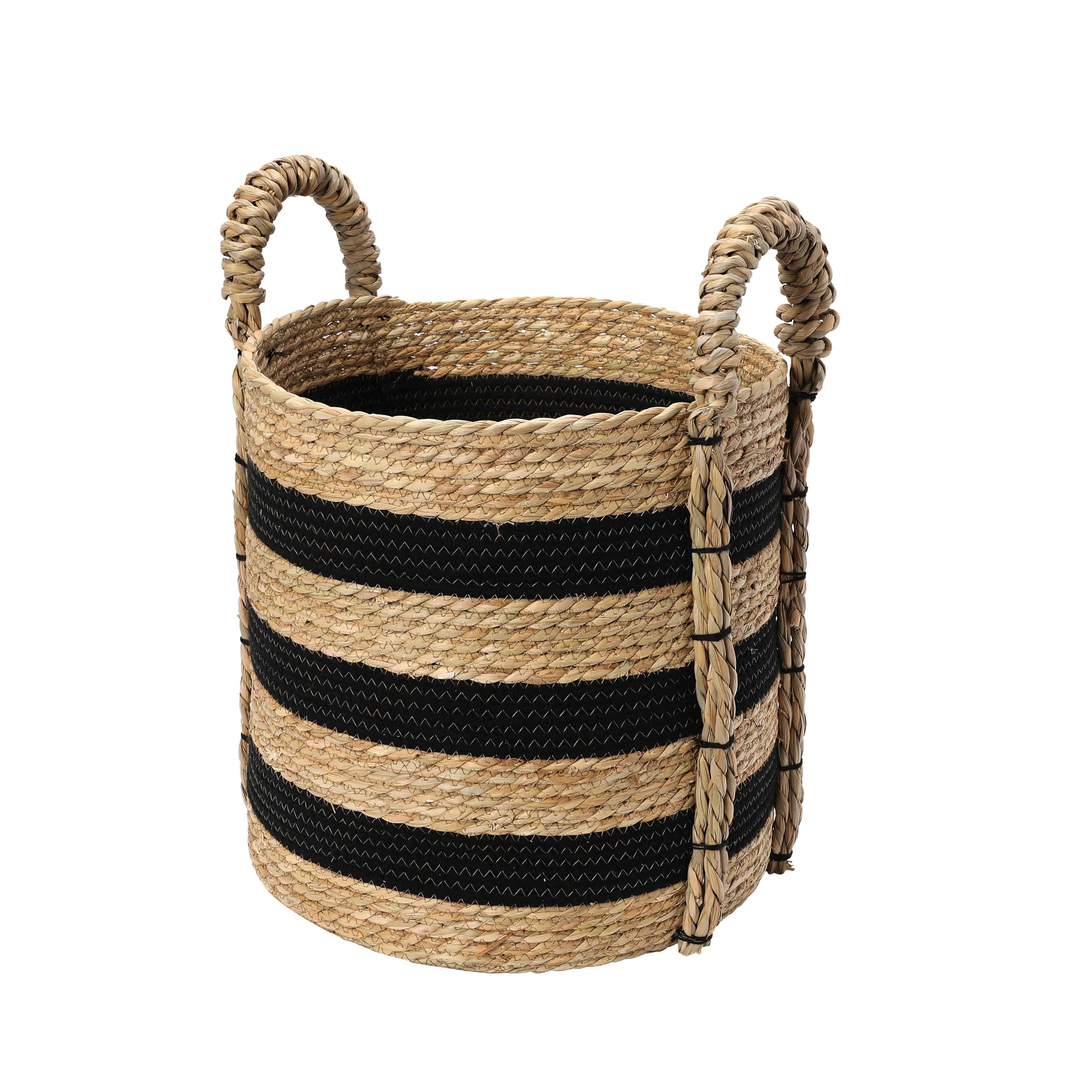 Braided Black & Natural Seagrass Round Storage Basket with Iron Handles