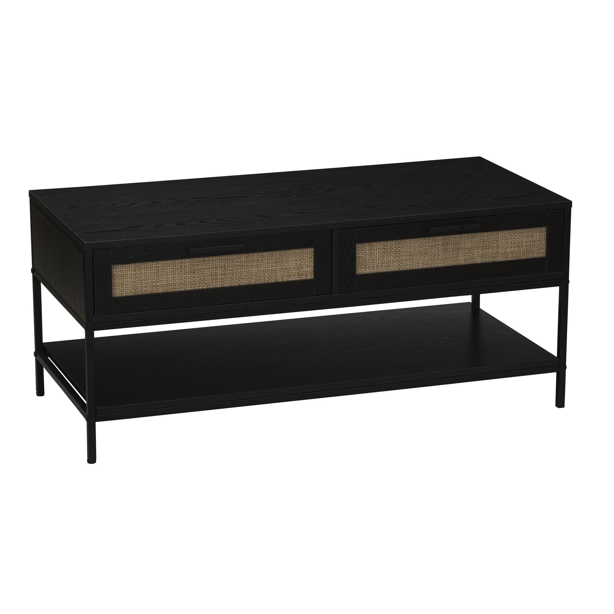 Black Oak Rectangular Coffee Table with Rattan Drawers and Metal Accents